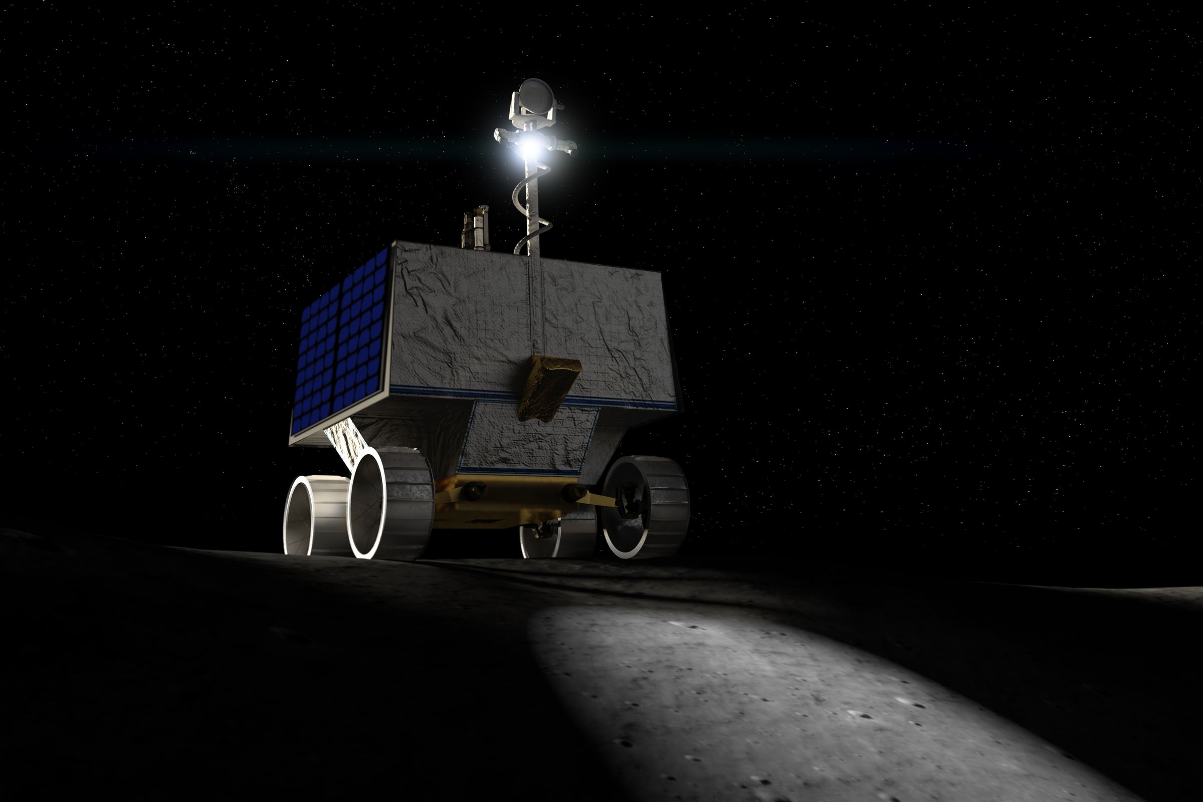 A rover with a light is pictured exploring the lunar surface in the dark. 