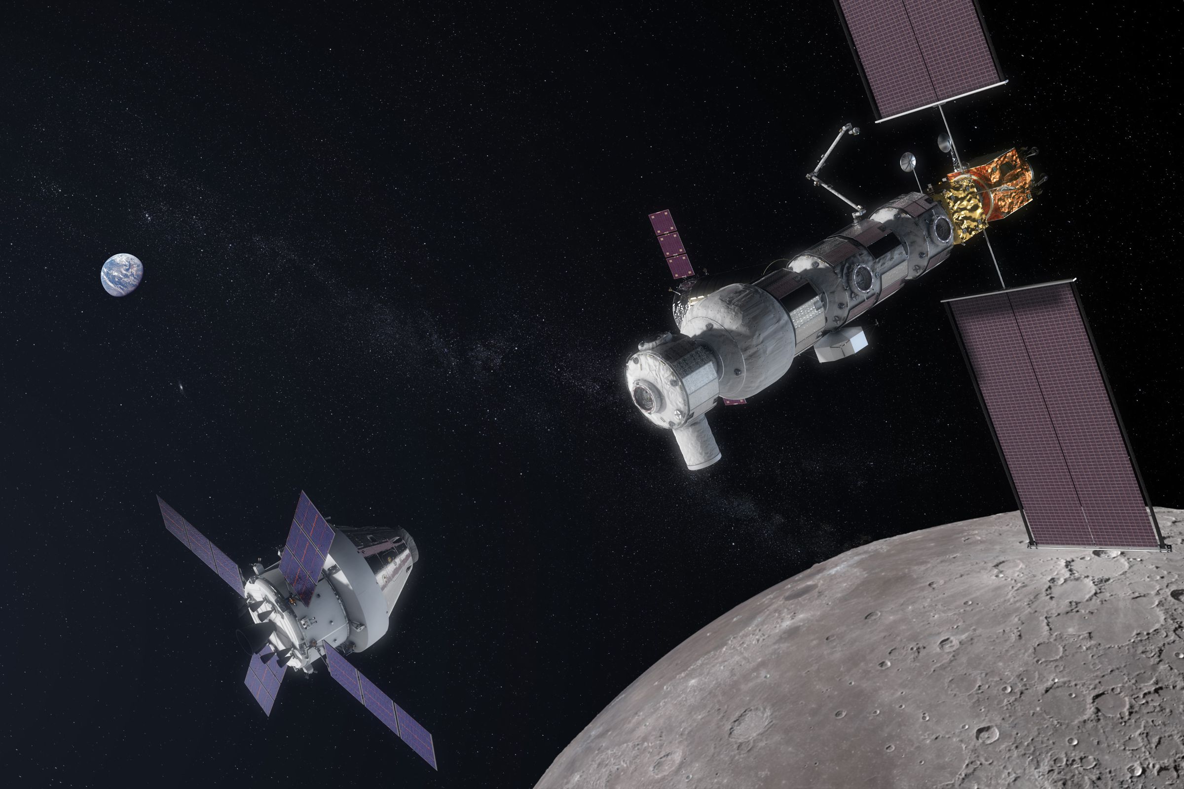 An artistic rendering of the space station NASA wants to build around the Moon