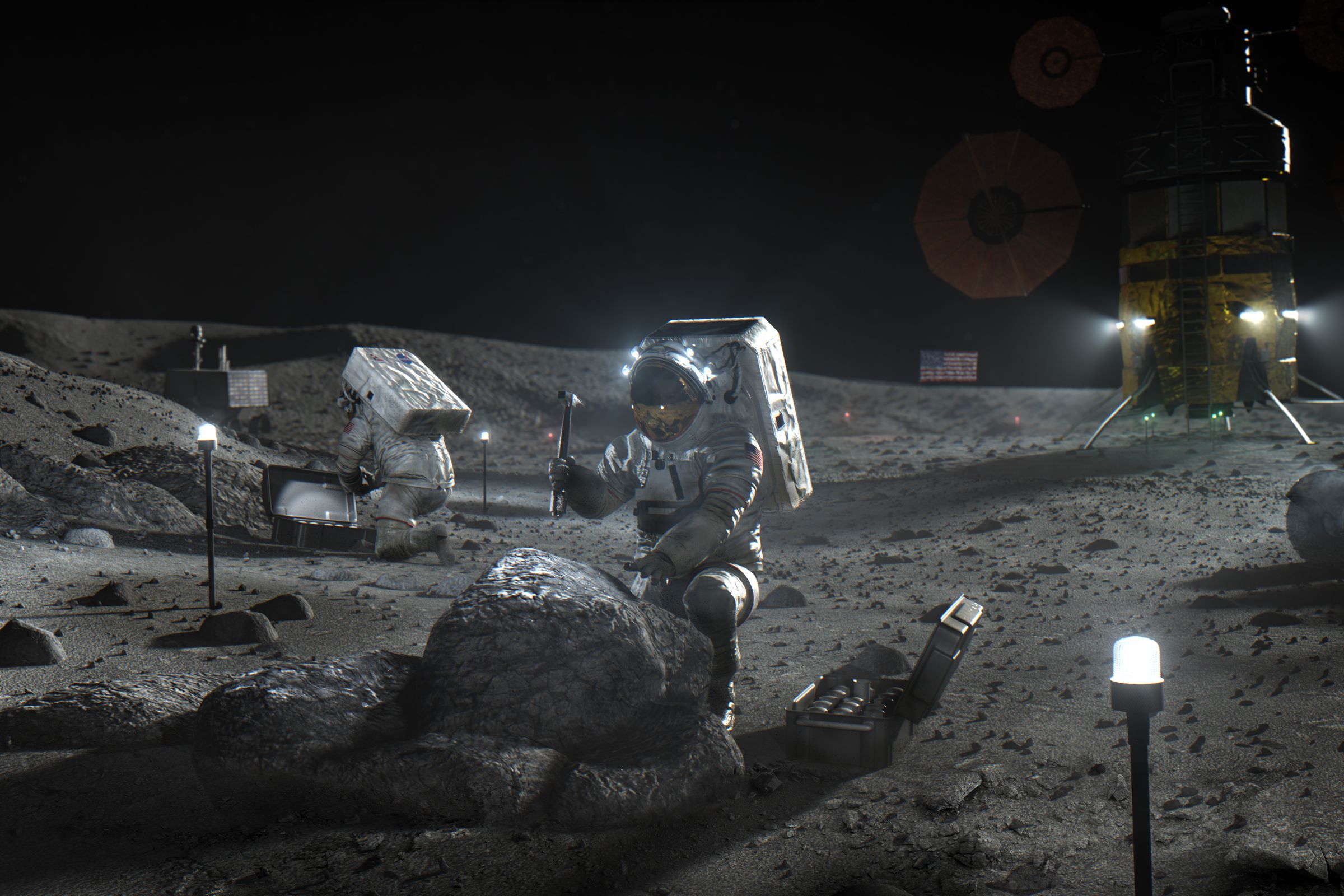 An artistic rendering of astronauts on the Moon, mining resources.