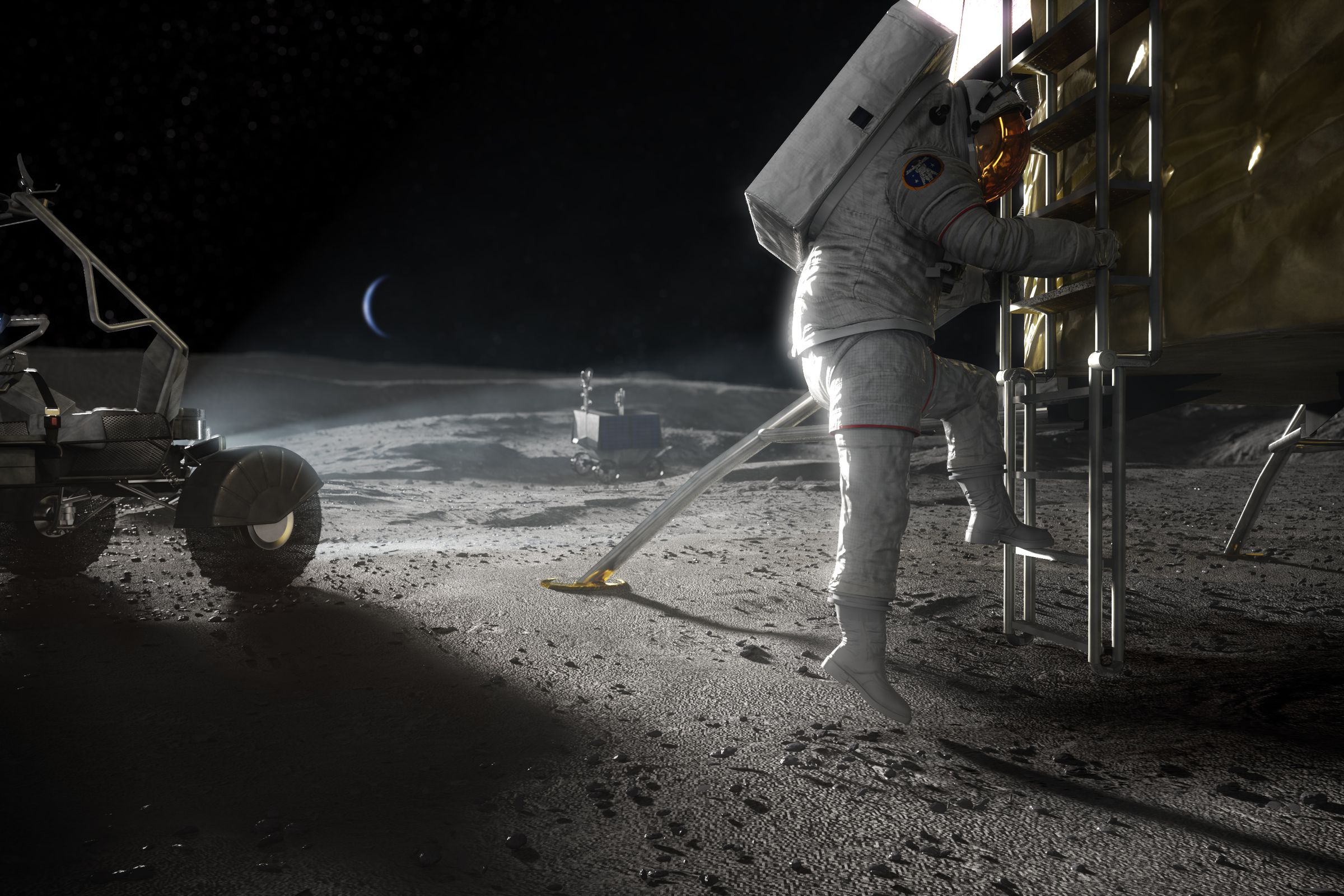 An artistic rendering of humans exploring the Moon.
