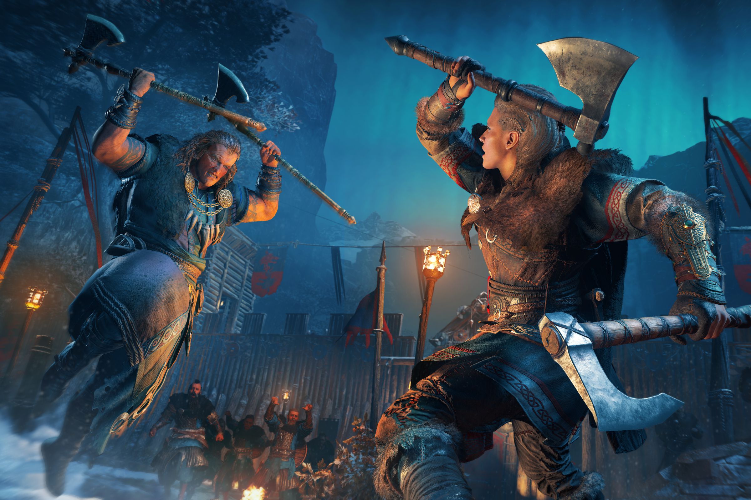 Promotional art for Assassin’s Creed Valhalla showing two characters fighting with hand axes.