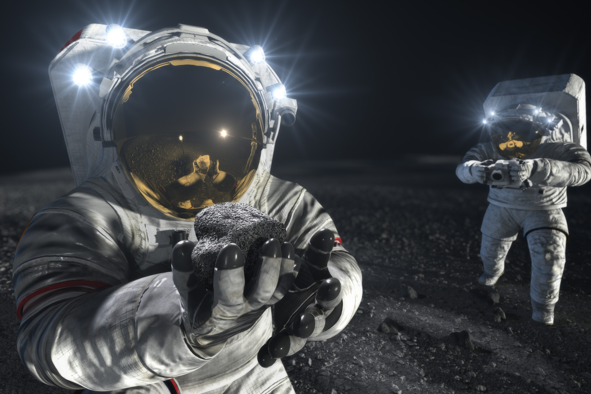 An artistic rendering of astronauts wearing next-generation spacesuits on the Moon.