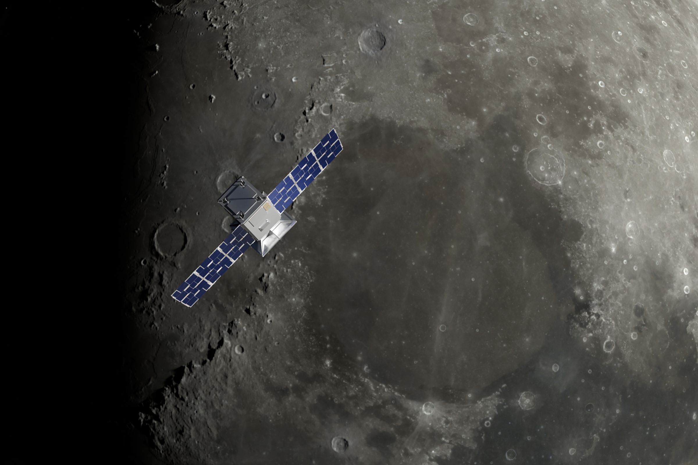 An artistic rendering of CAPSTONE in orbit around the Moon