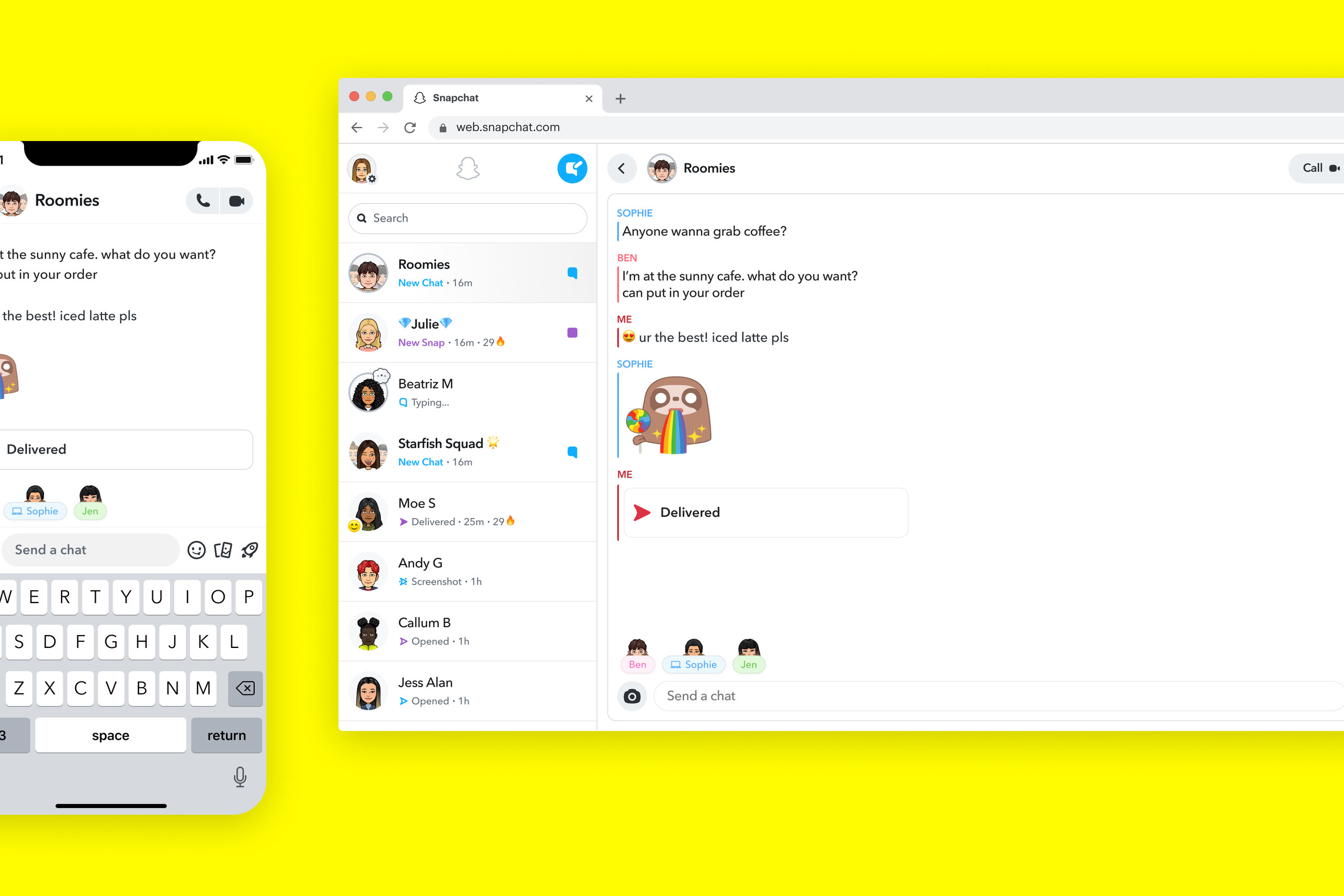 Views of the Snapchat mobile app and desktop version