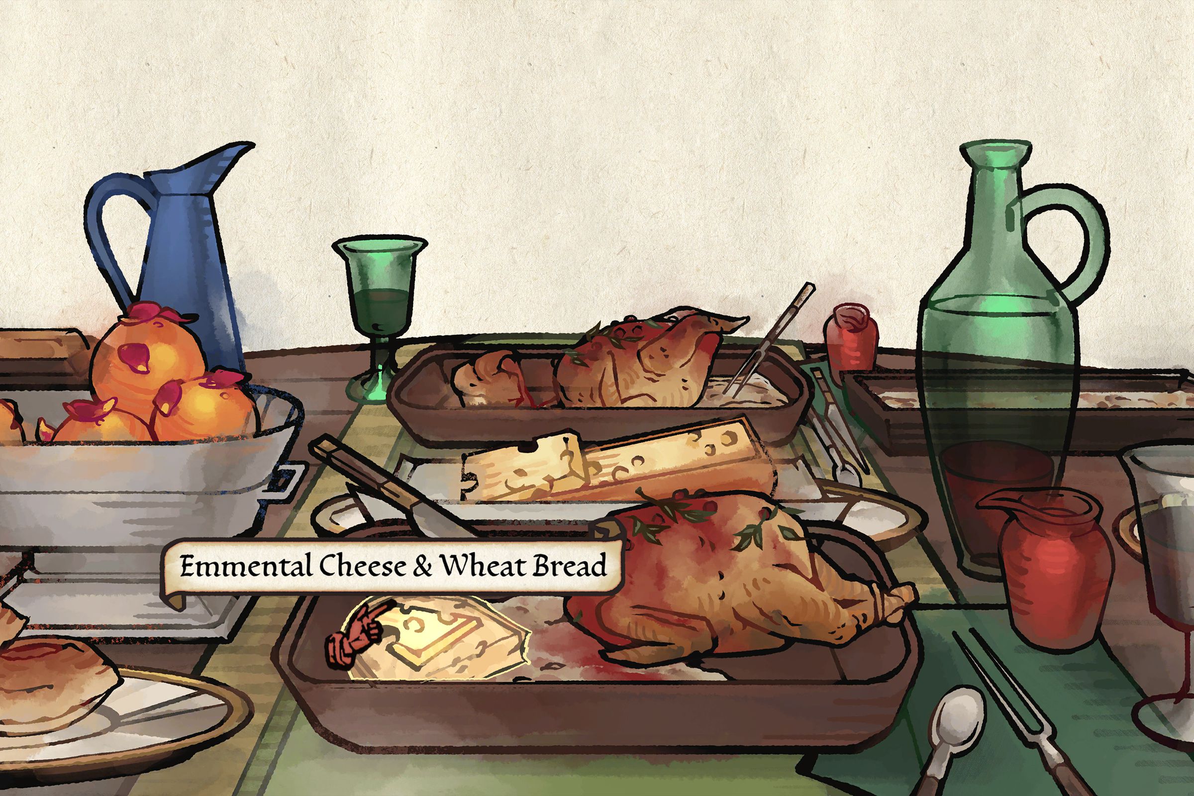 A screenshot from Pentiment showing food on a table.