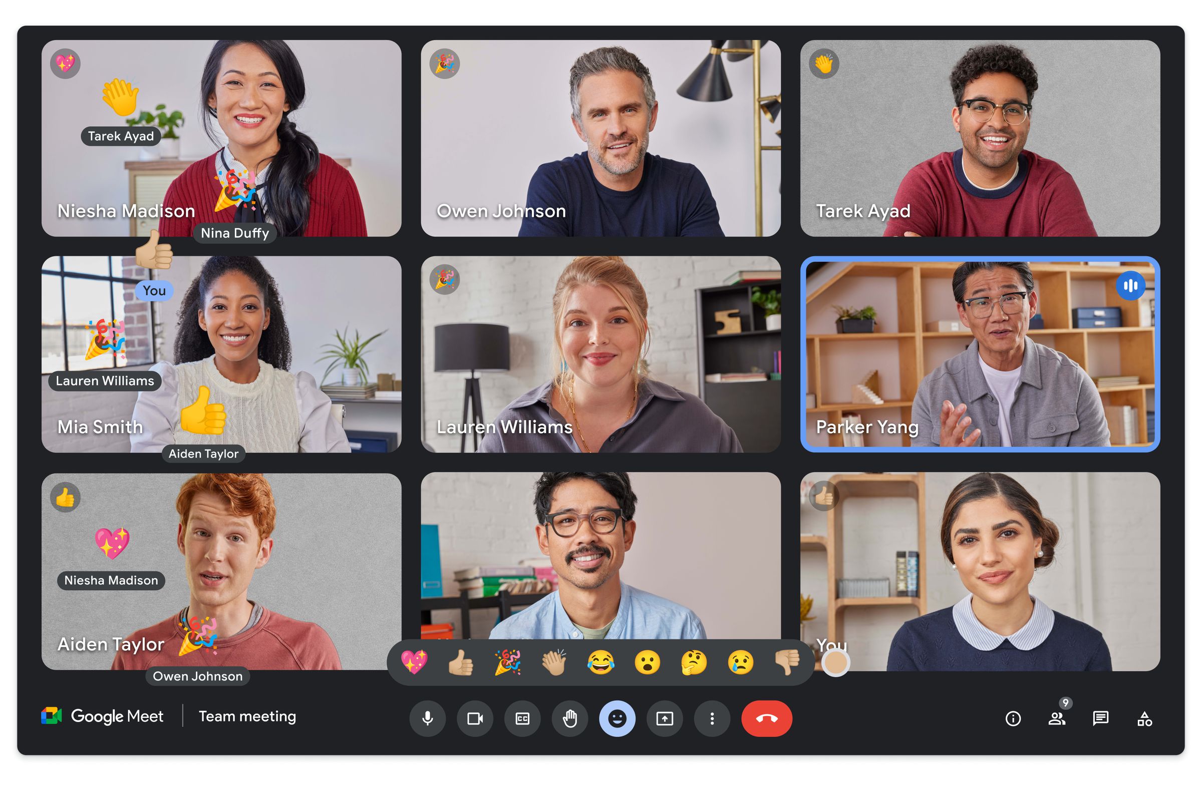 A screenshot showing emoji reactions during a Google Meet meeting