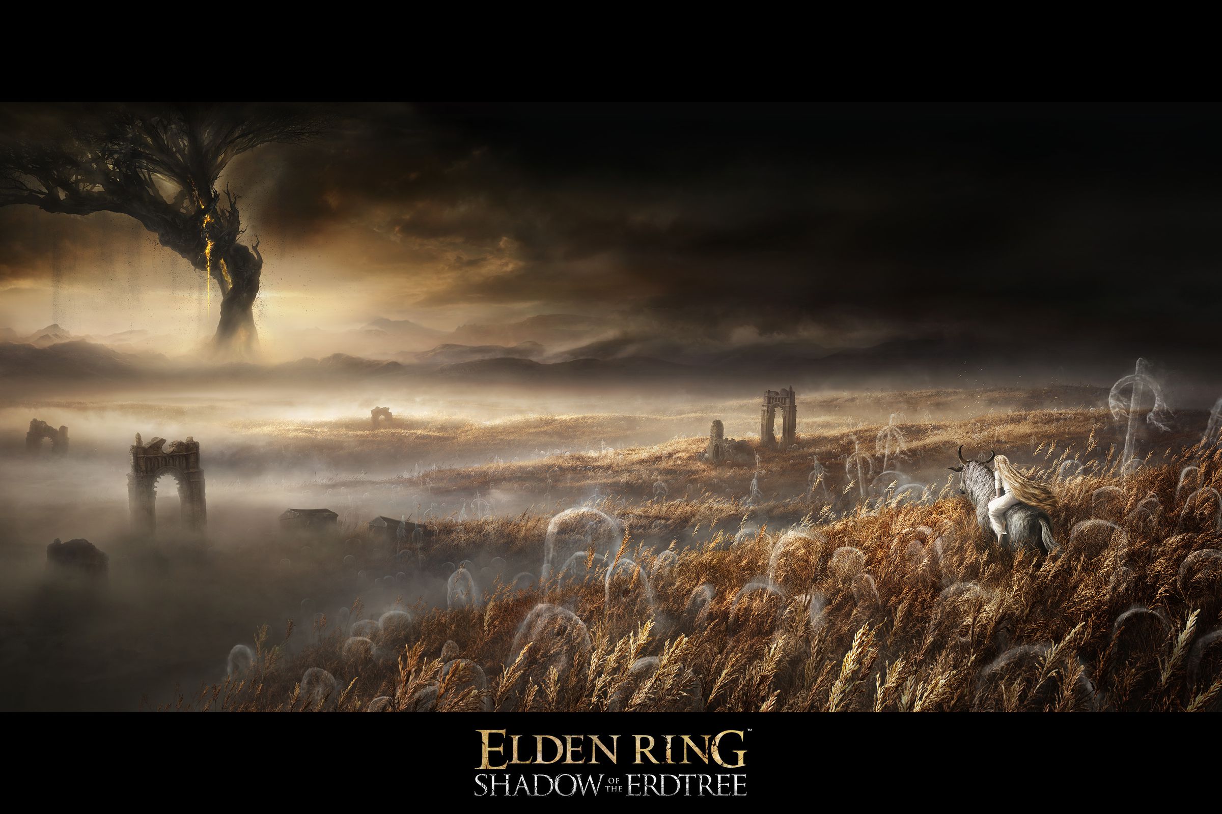 An image showing a golden-haired rider on a spirit steed, looking out over a misty landscape to a huge tree in shadow. 
