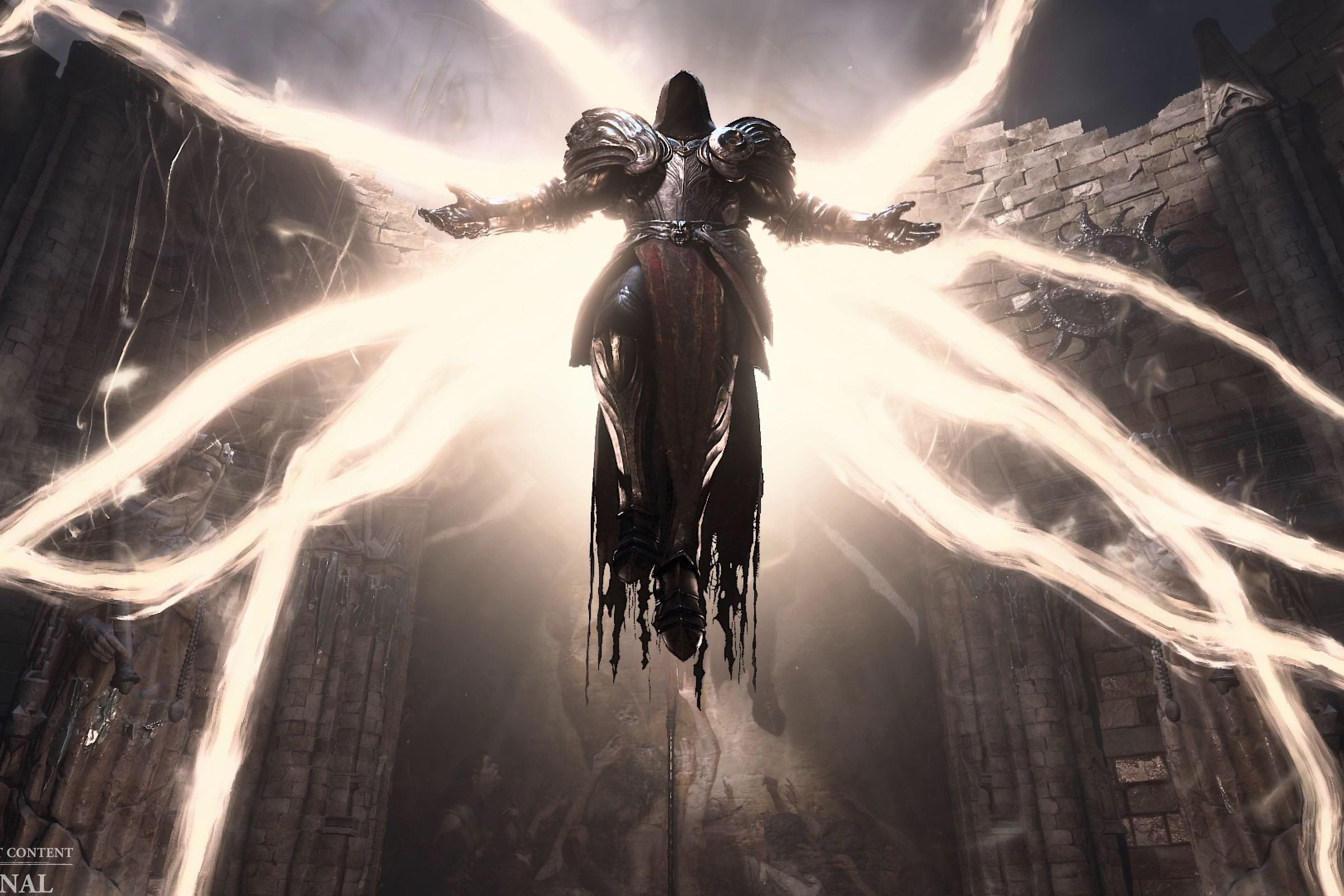 Screenshot from Diablo IV featuring an angel descending from on high their stringy, spectral wings snaking out from behind them
