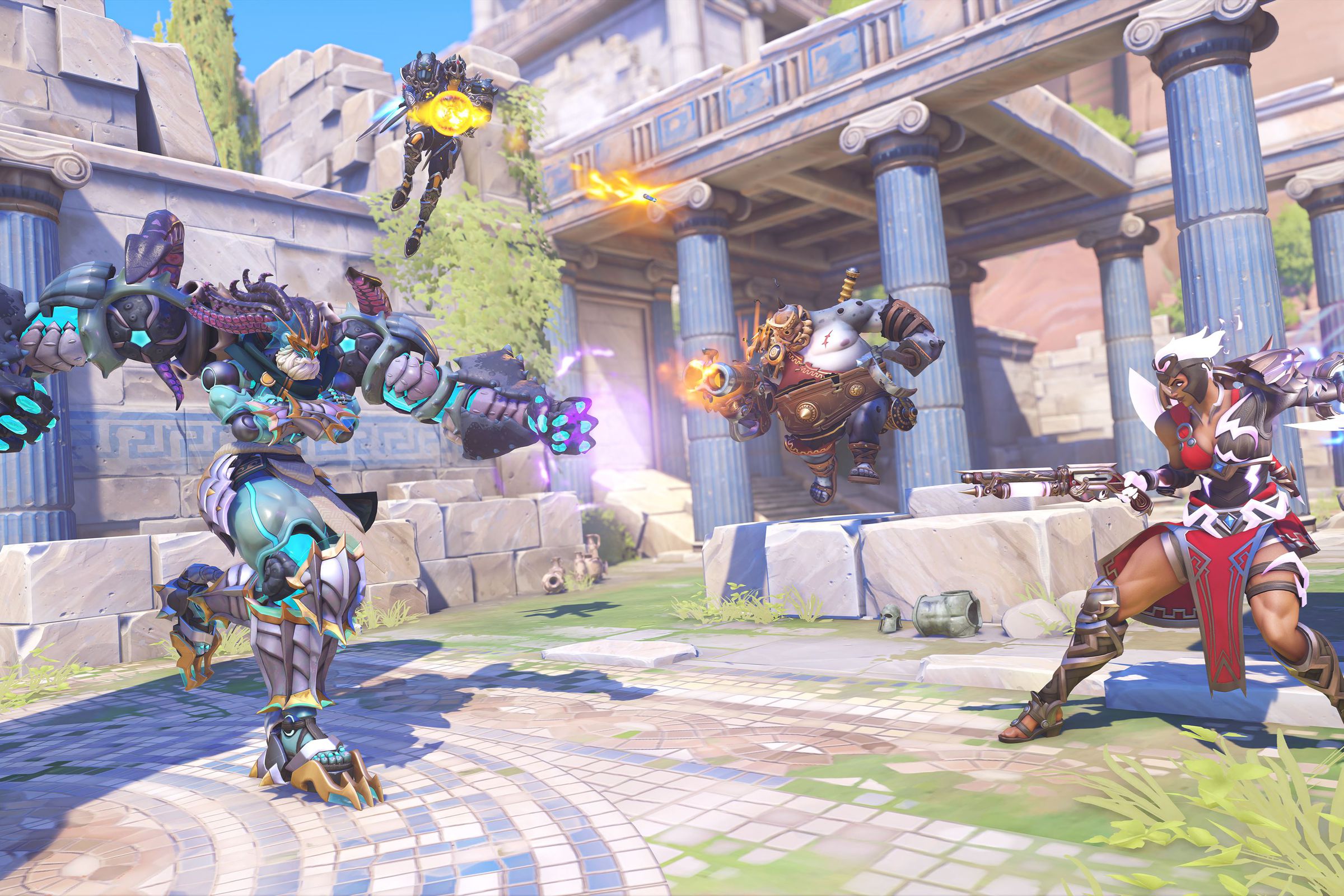 Screenshot from Overwatch 2’s Battle for Olympus event featuring several heroes engaged in a team fight.