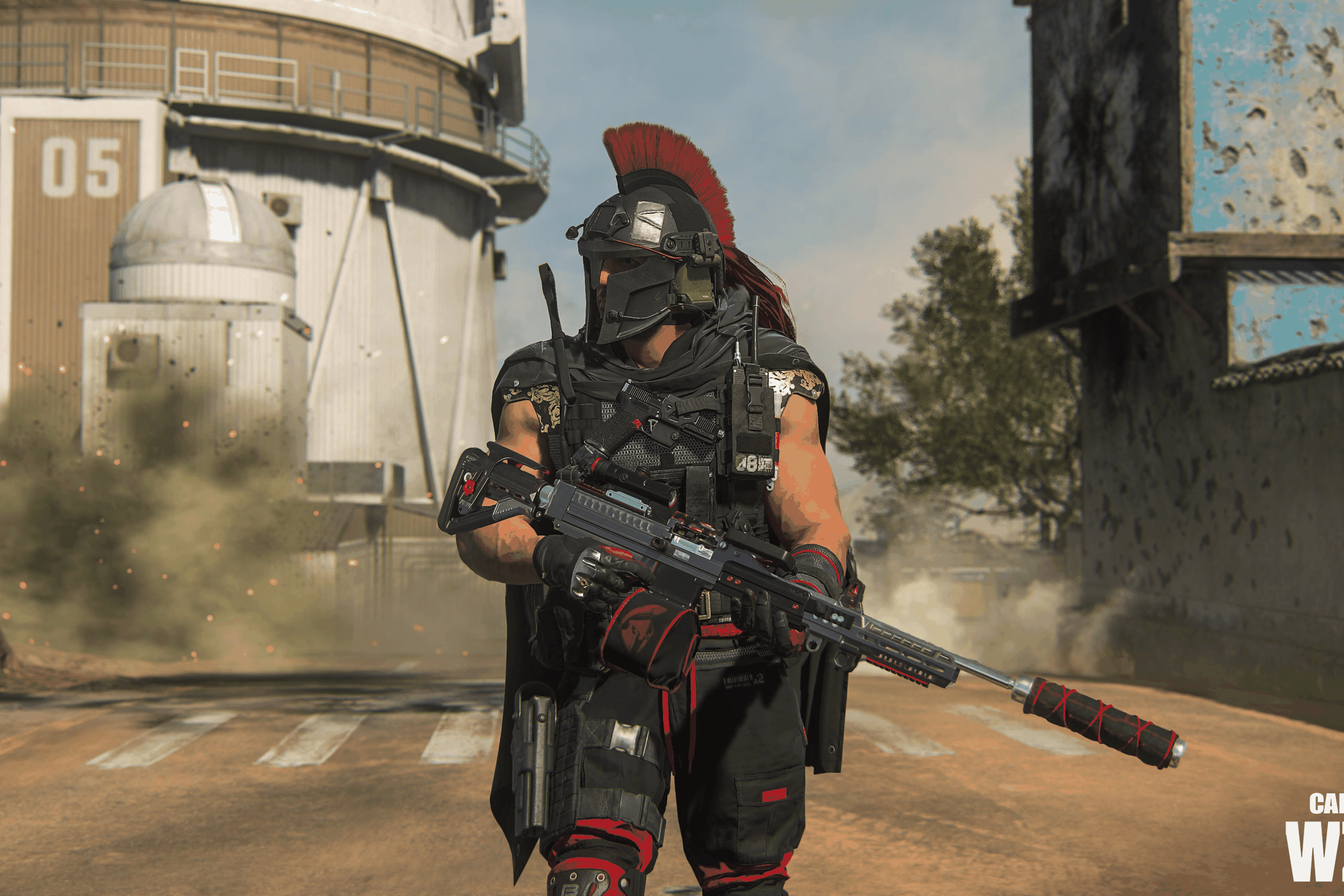 Screenshot from Call of Duty: Warzone 2.0 featuring the Nickmercs operator skin. A man in tactical armor with a spartan helmet.
