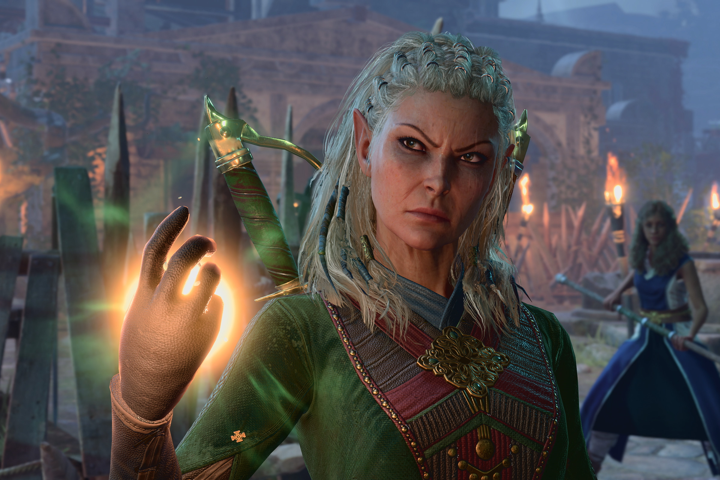 Screenshot from Baldur’s Gate 3 featuring the druid companion Jaheria, an older Caucasian woman wearing green armor with white hair twisted into cornrows.