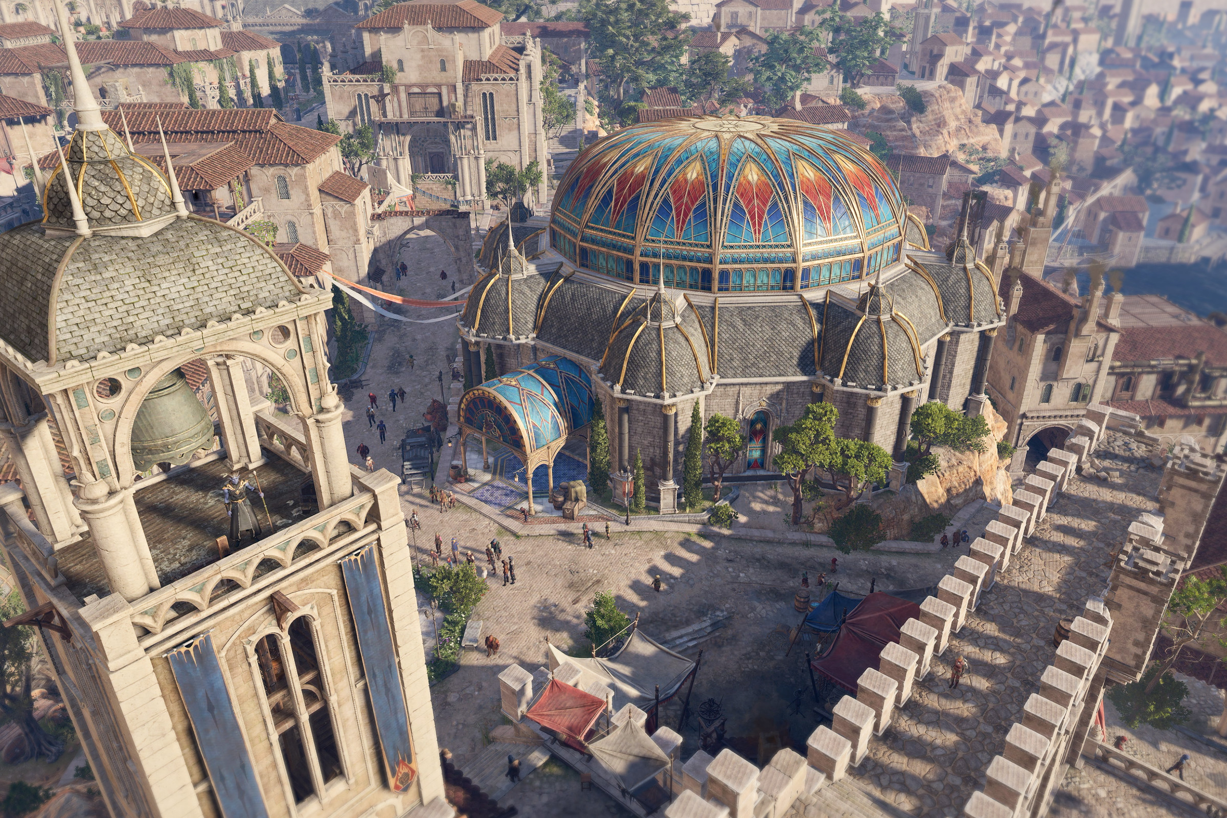 Screenshot from Baldur’s Gate 3 featuring an aerial shot of the main city including a colorful blue and red dome.