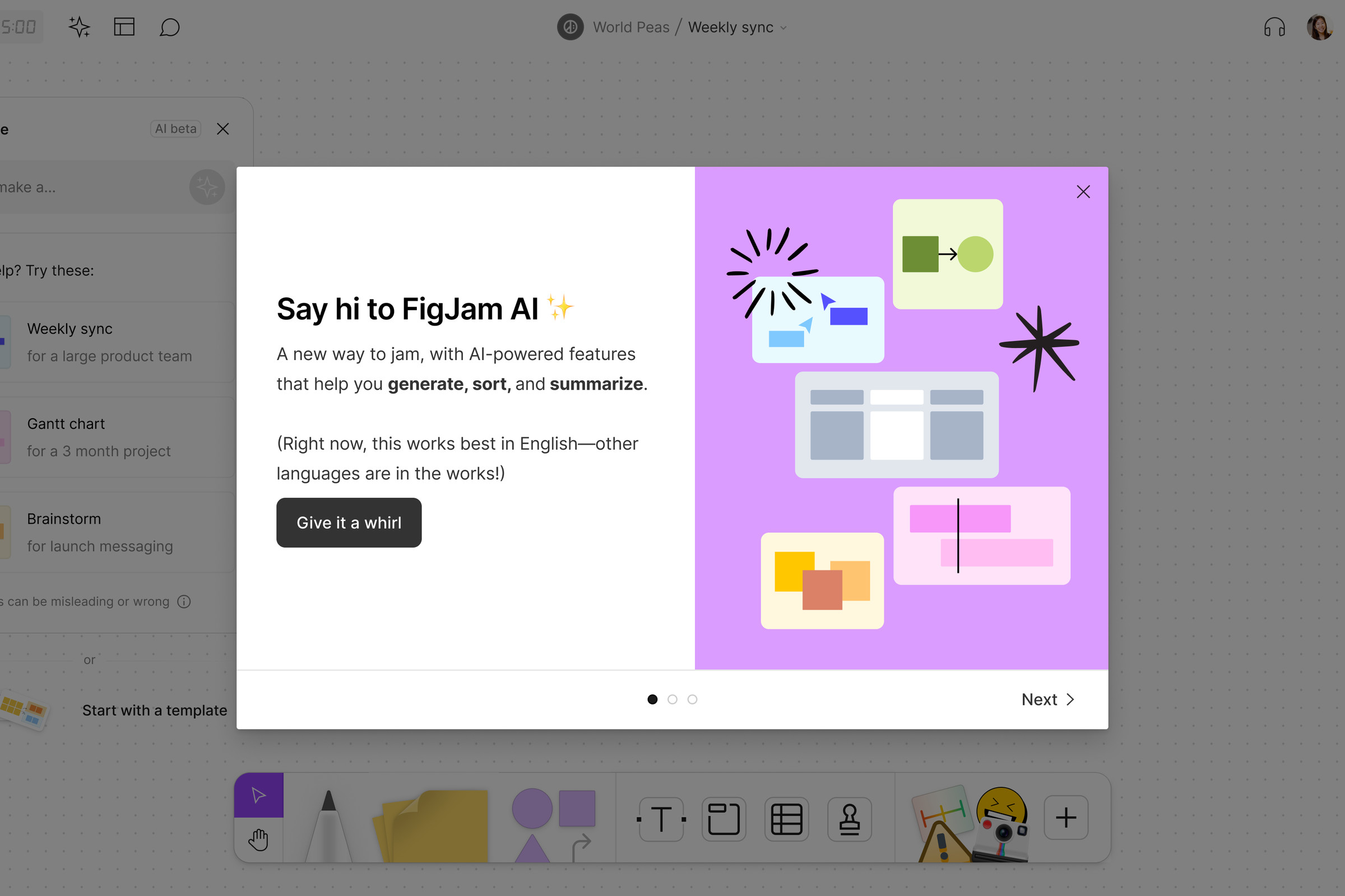 A screenshot of Figma displaying its FigJam AI banner.