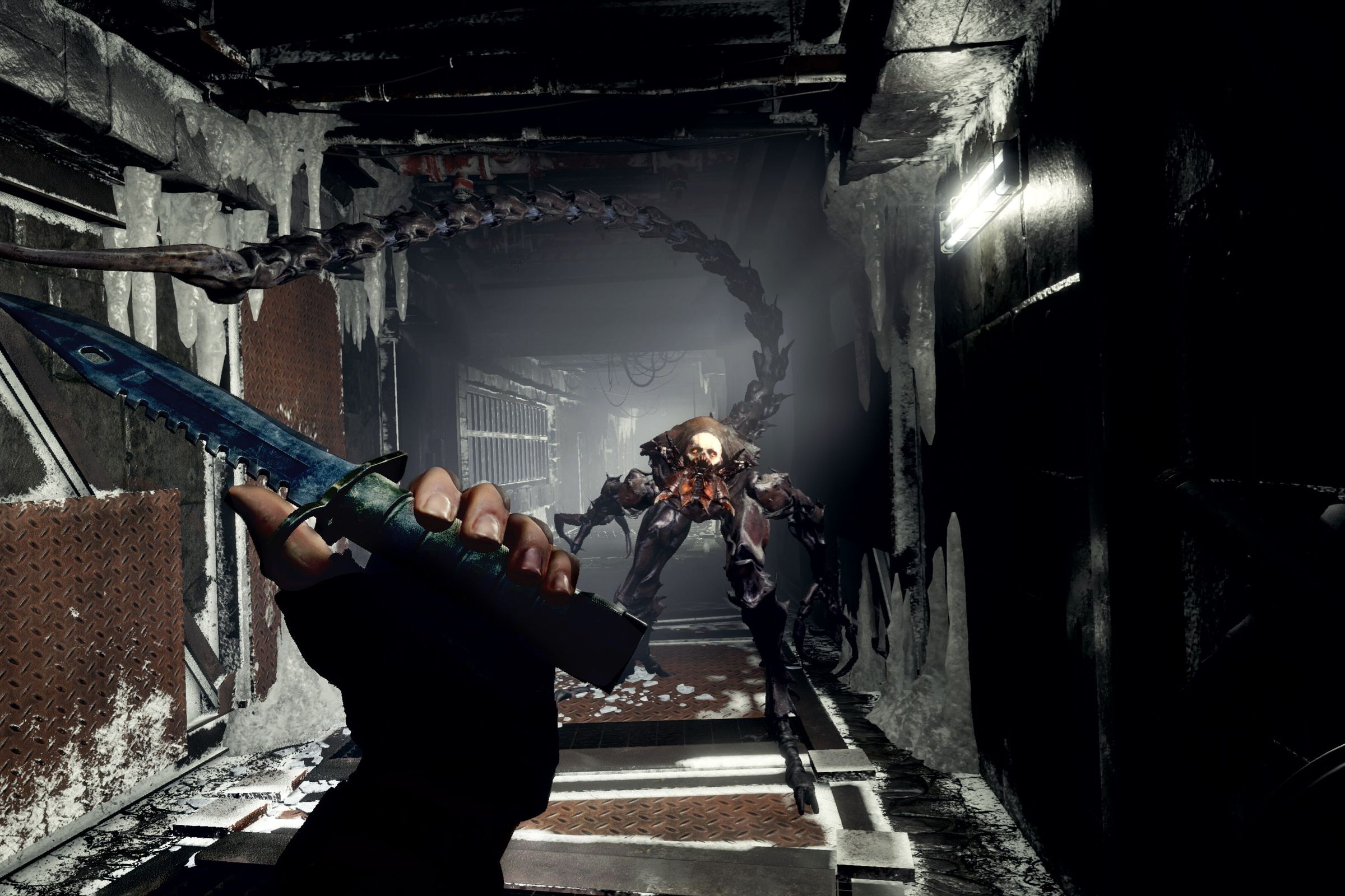 Screenshot from Resident Evil 4 VR Mode featuring two disembodied hands holding weapons as a zombie creatures charges toward the camera.