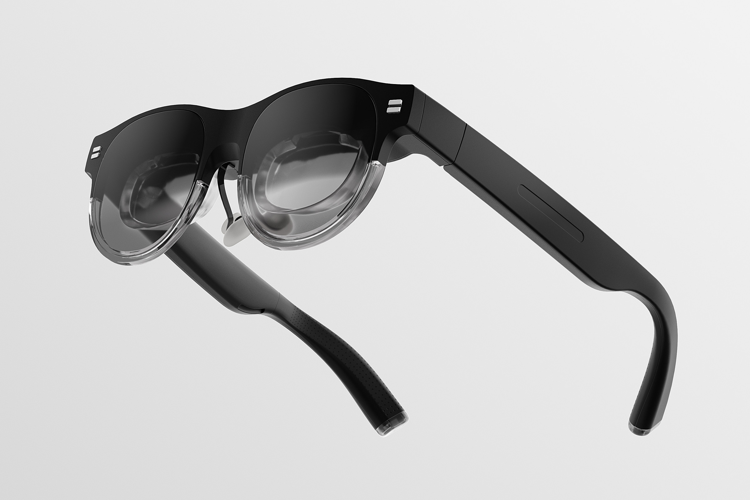 Render of Asus AirVision glasses at three quarter angle.