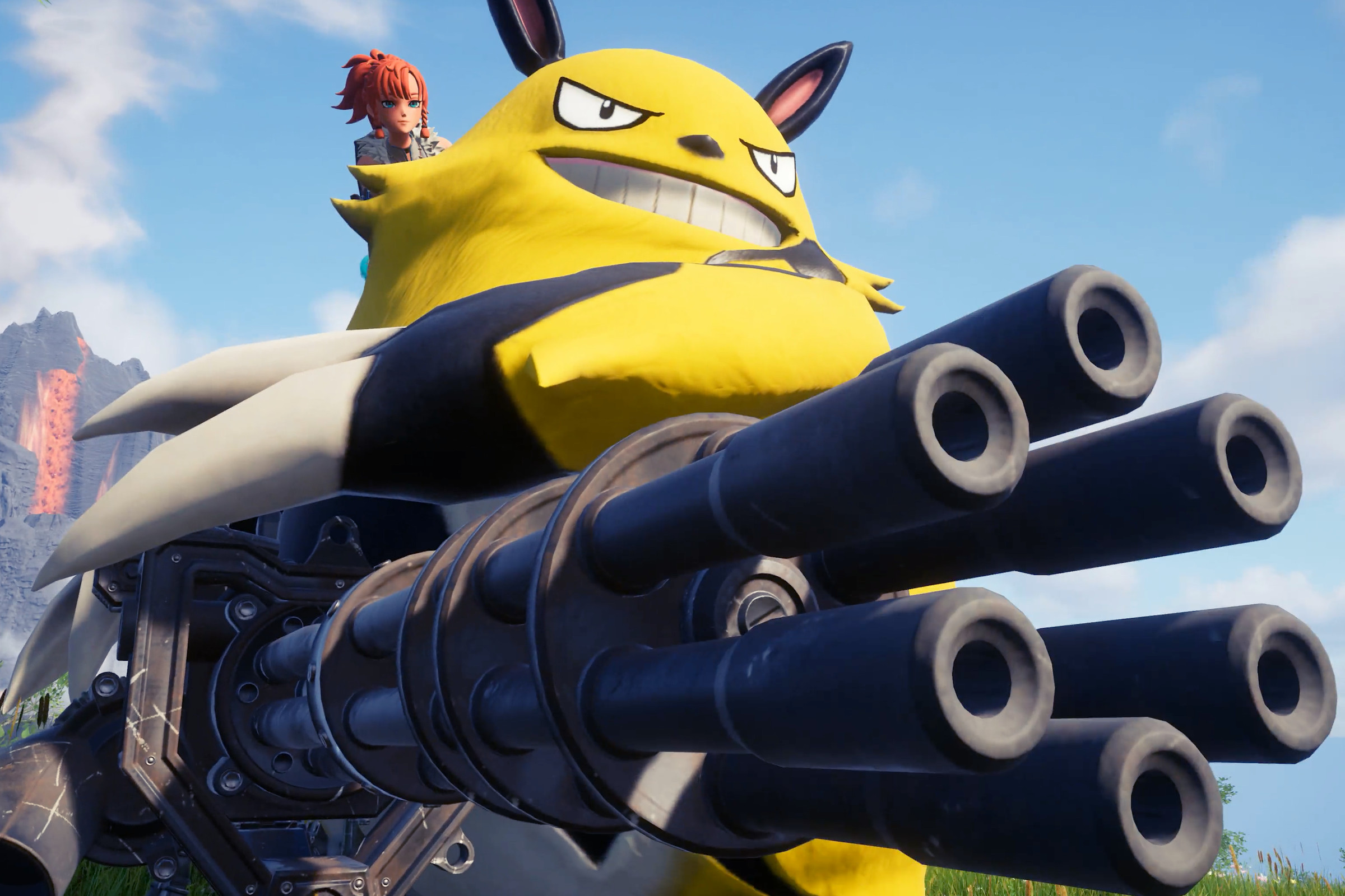 Screenshot from Palworld featuring a large bright yellow pal with a menacing smile sitting in a tank with its human owner.