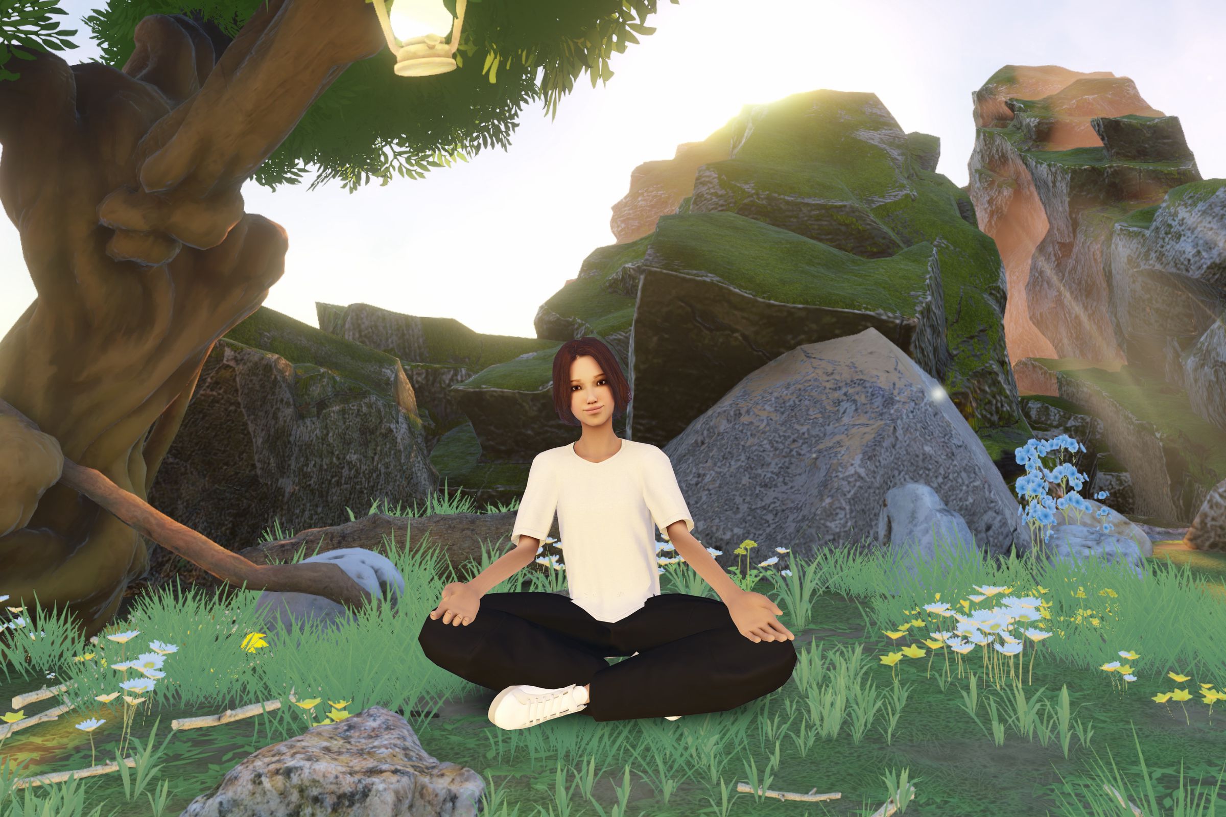 ai avatar Tomo sits in front of a tree