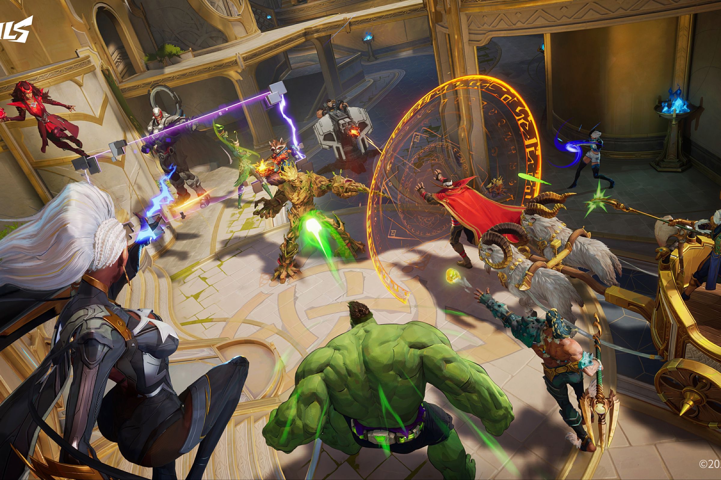 Screenshot from Marvel Rivals featuring a 6 v 6 battle of heroes and villains from across the Marvel multiverse.