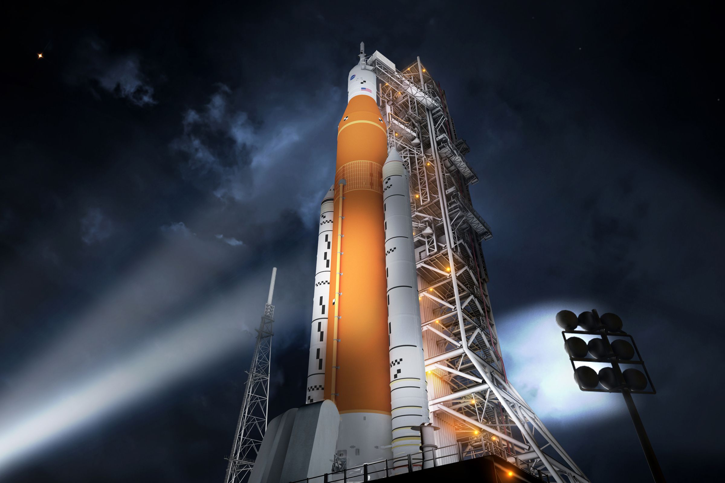 An artistic rendering of NASA’s next big rocket, the Space Launch System