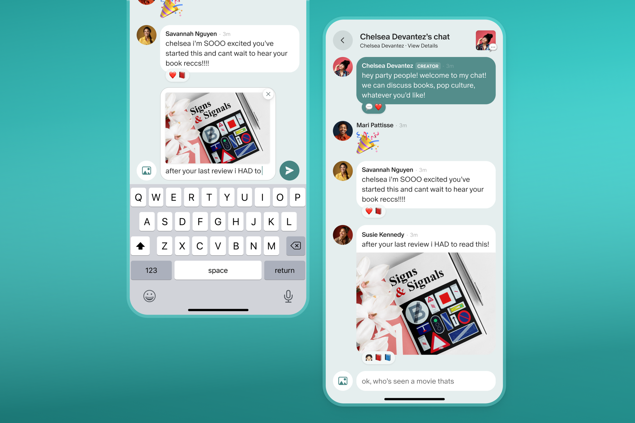 Patreon chat room feature with text and image messages, plus emoji reactions.