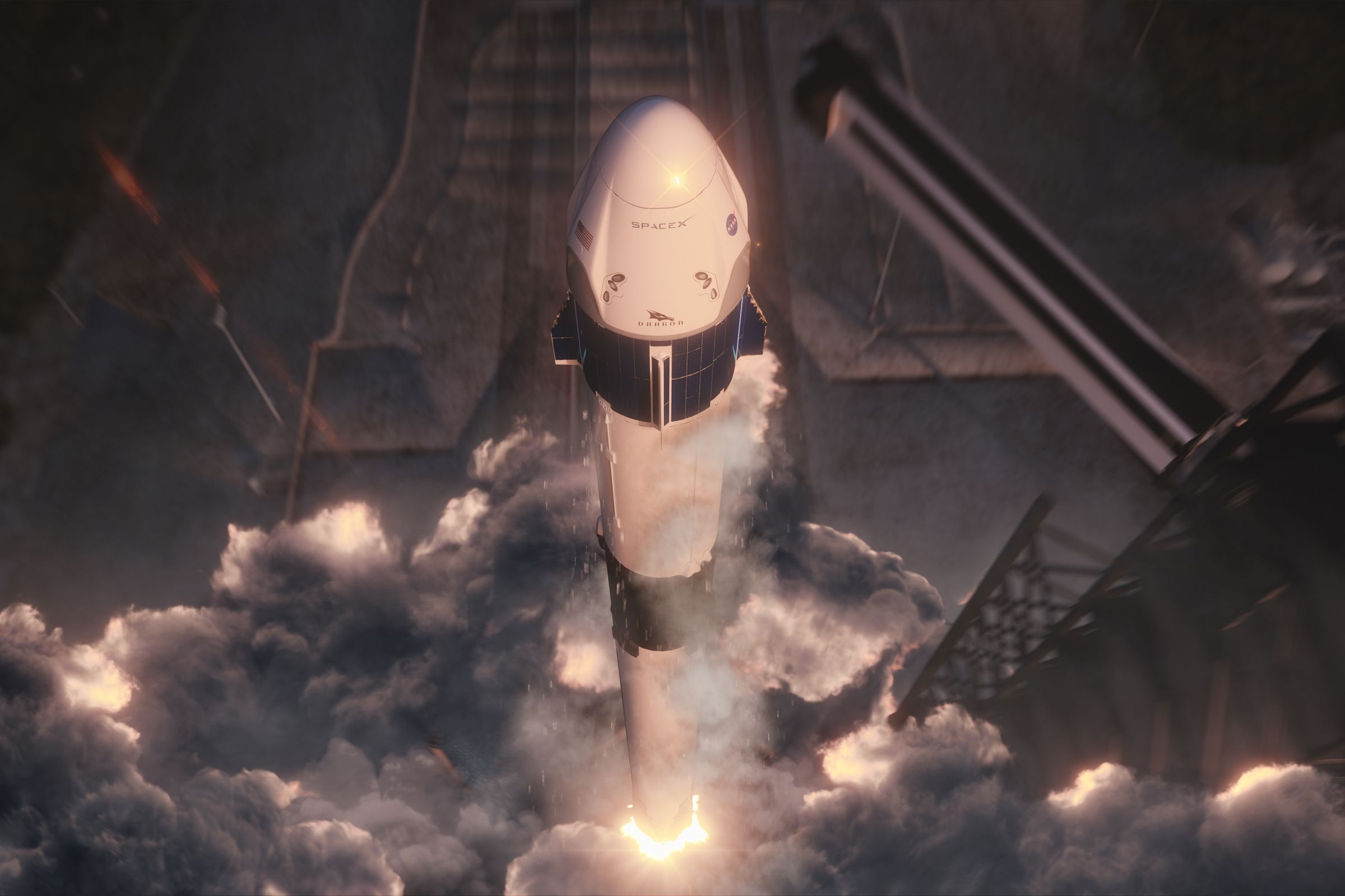 An artistic rendering of SpaceX’s Crew Dragon launching on a Falcon 9 rocket