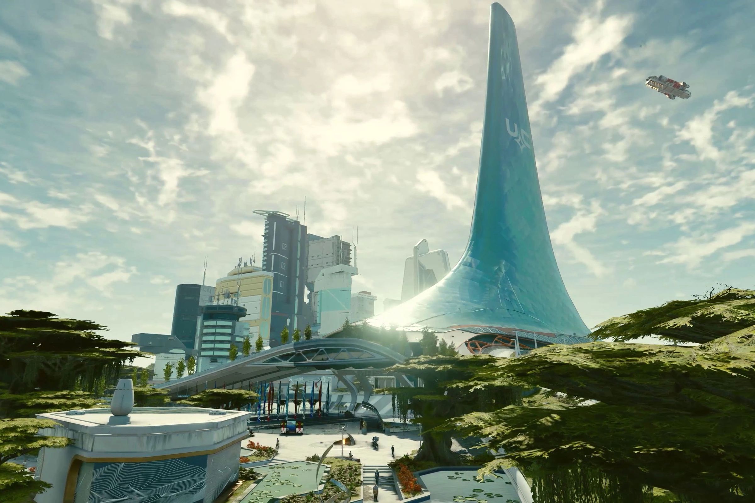 A screenshot of Starfield’s New Atlantis.