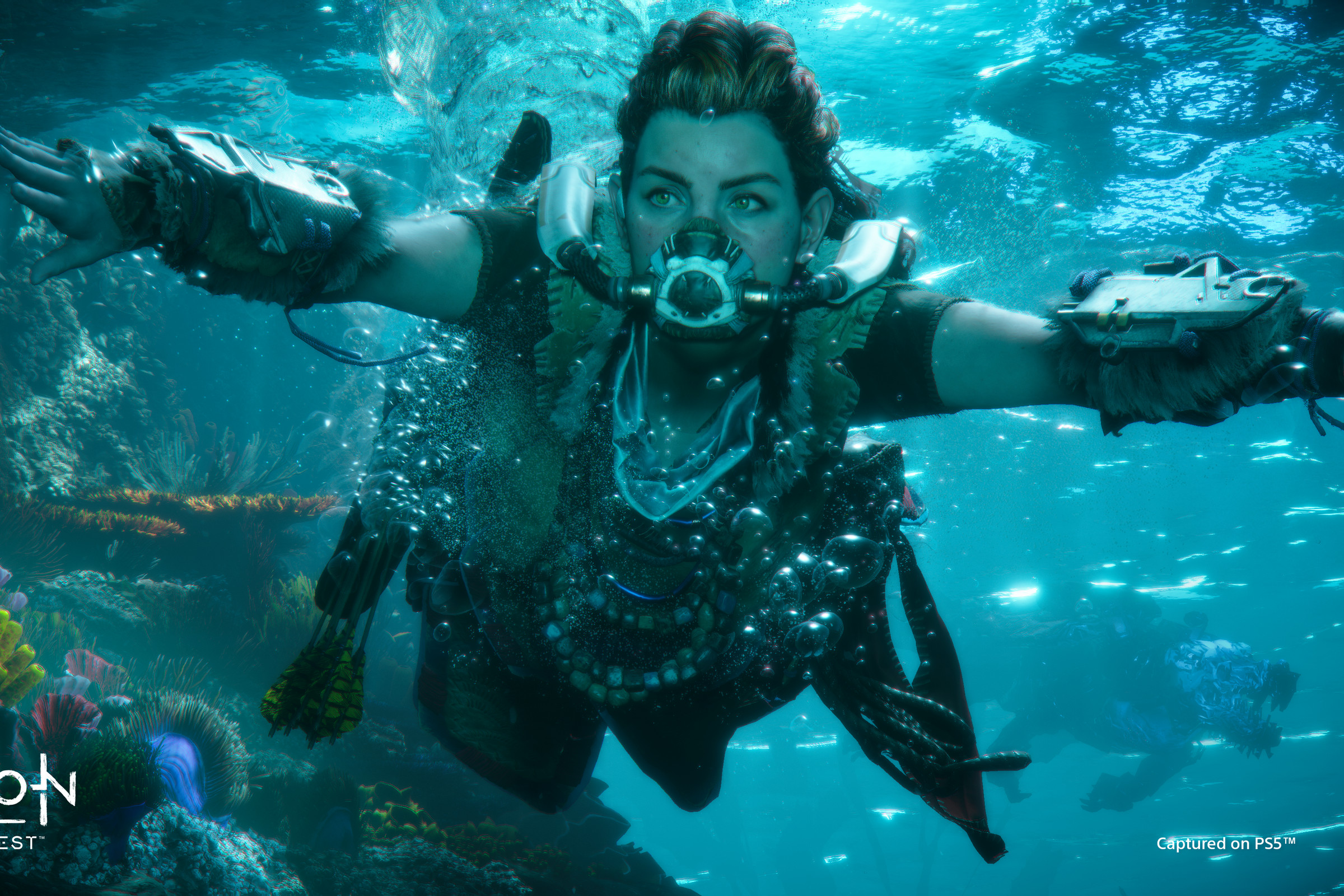 Screenshot from Horizon Forbidden West featuring the main character, Aloy, diving underwater wearing an underwater rebreather