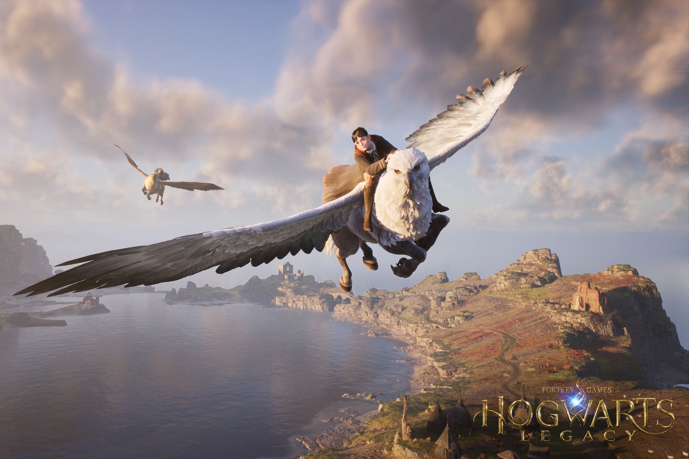 Screenshot from Hogwarts Legacy depicting a student in robes flying on a feathered hypogriff creature