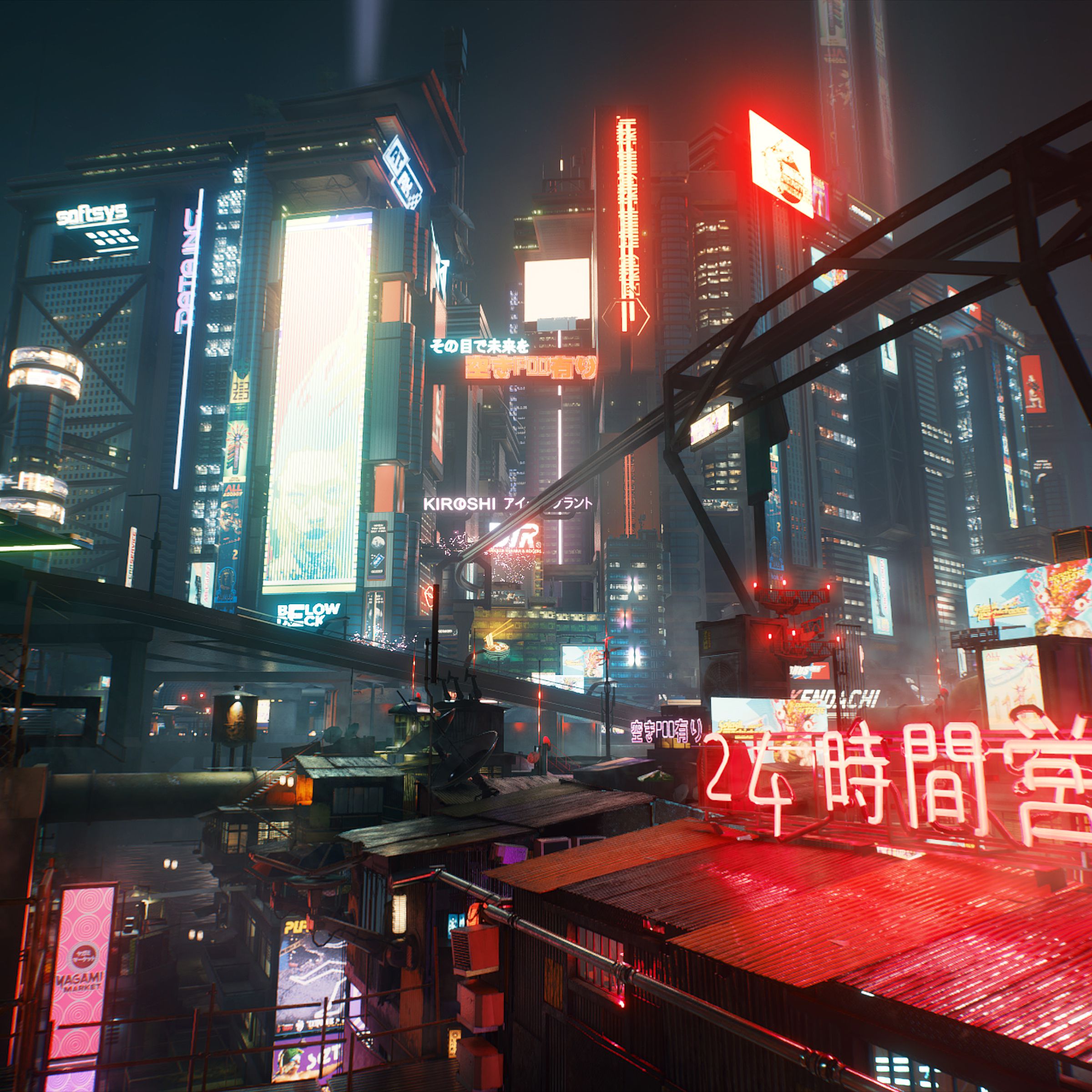A Night City overhead view in Cyberpunk 2077