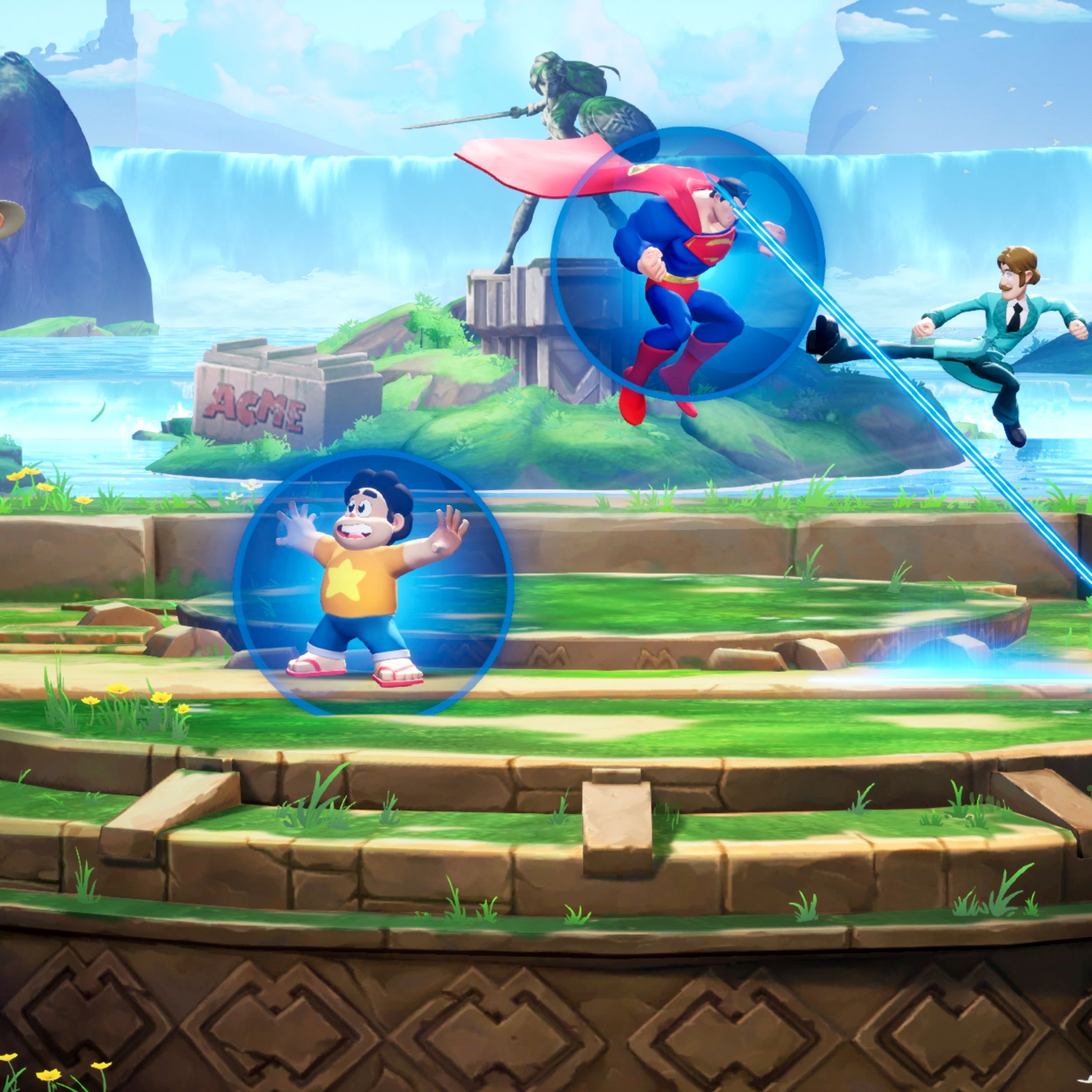 Screenshot from the Multiverus fighting game, featuring a host of Warner Bros. characters including Superman, Steven Universe, Shaggy, and Tom and Jerry.
