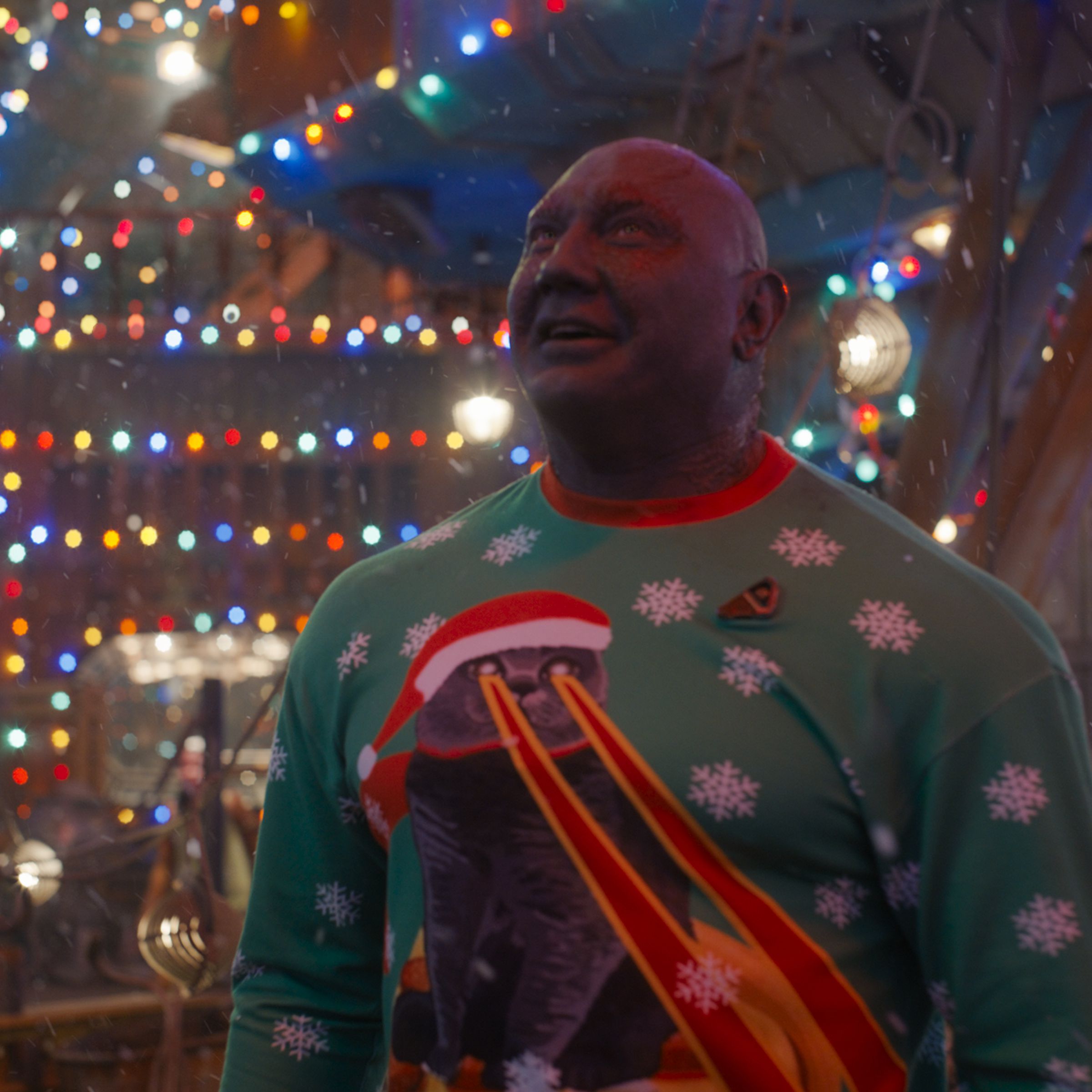 A photo of Dave Bautista as Drax&nbsp;in the Guardians of the Galaxy holiday special.