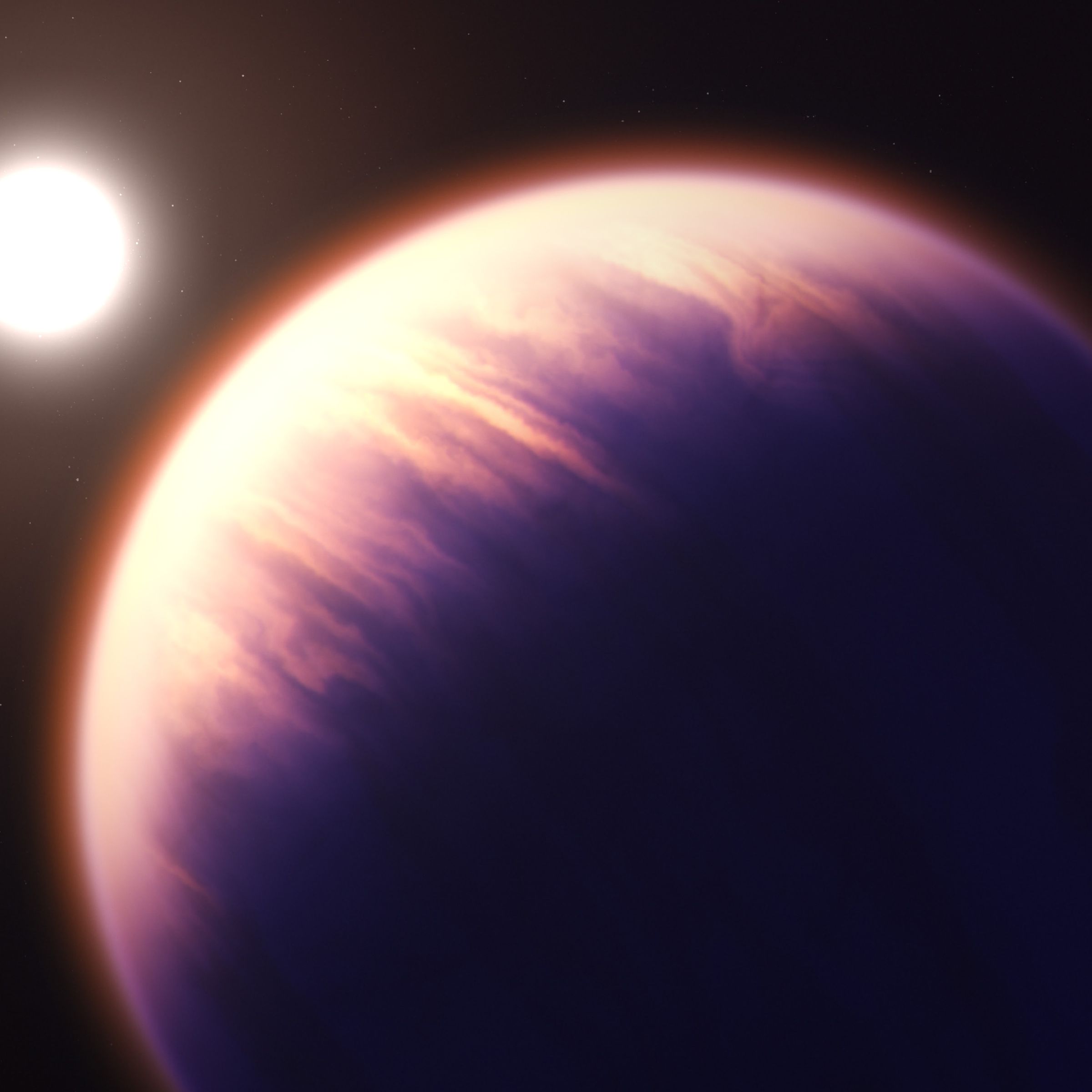 A large, pale gas giant sits to the right of a small yellow star.