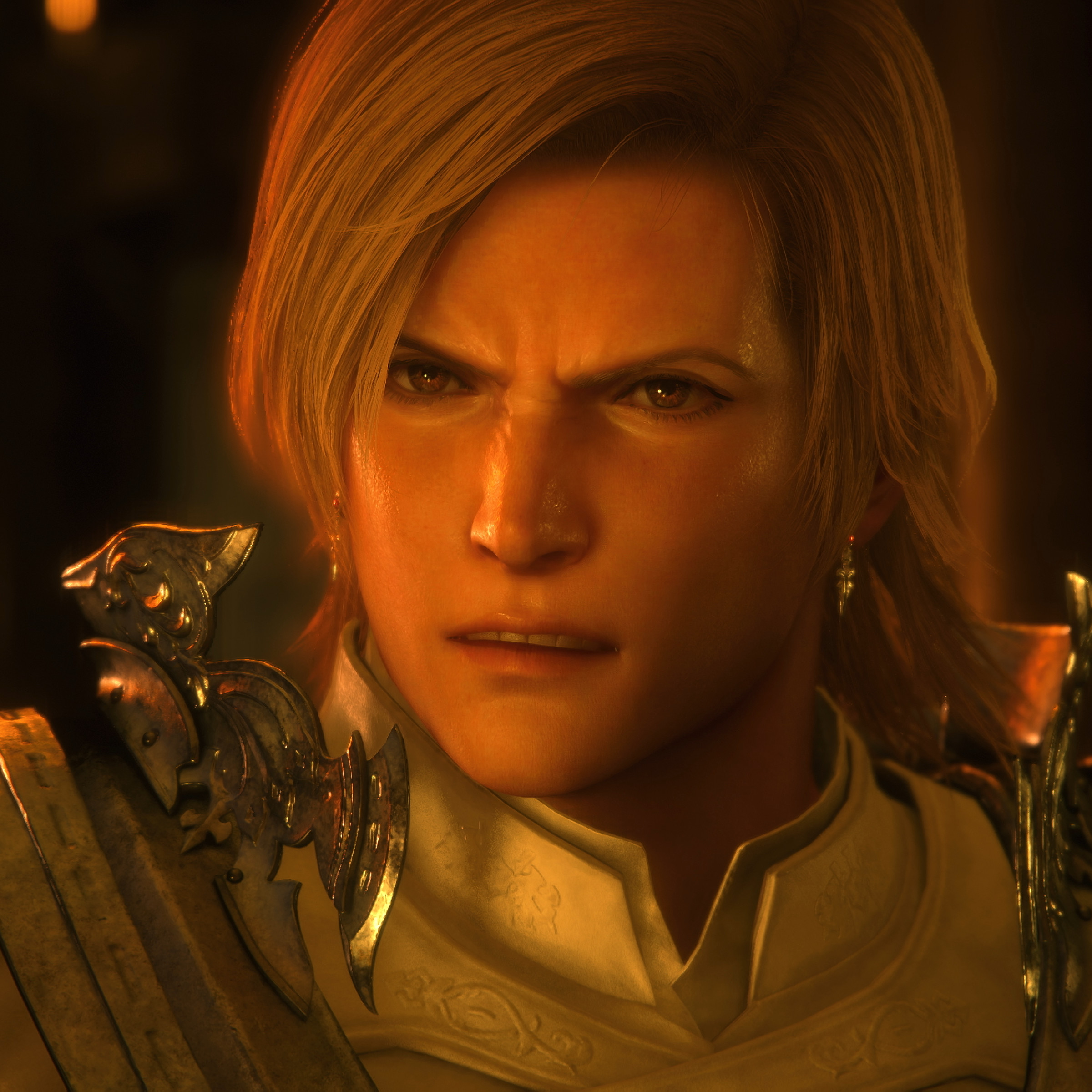 Screenshot from Final Fantasy XVI featuring a close up on the face of the character Dion Lesage