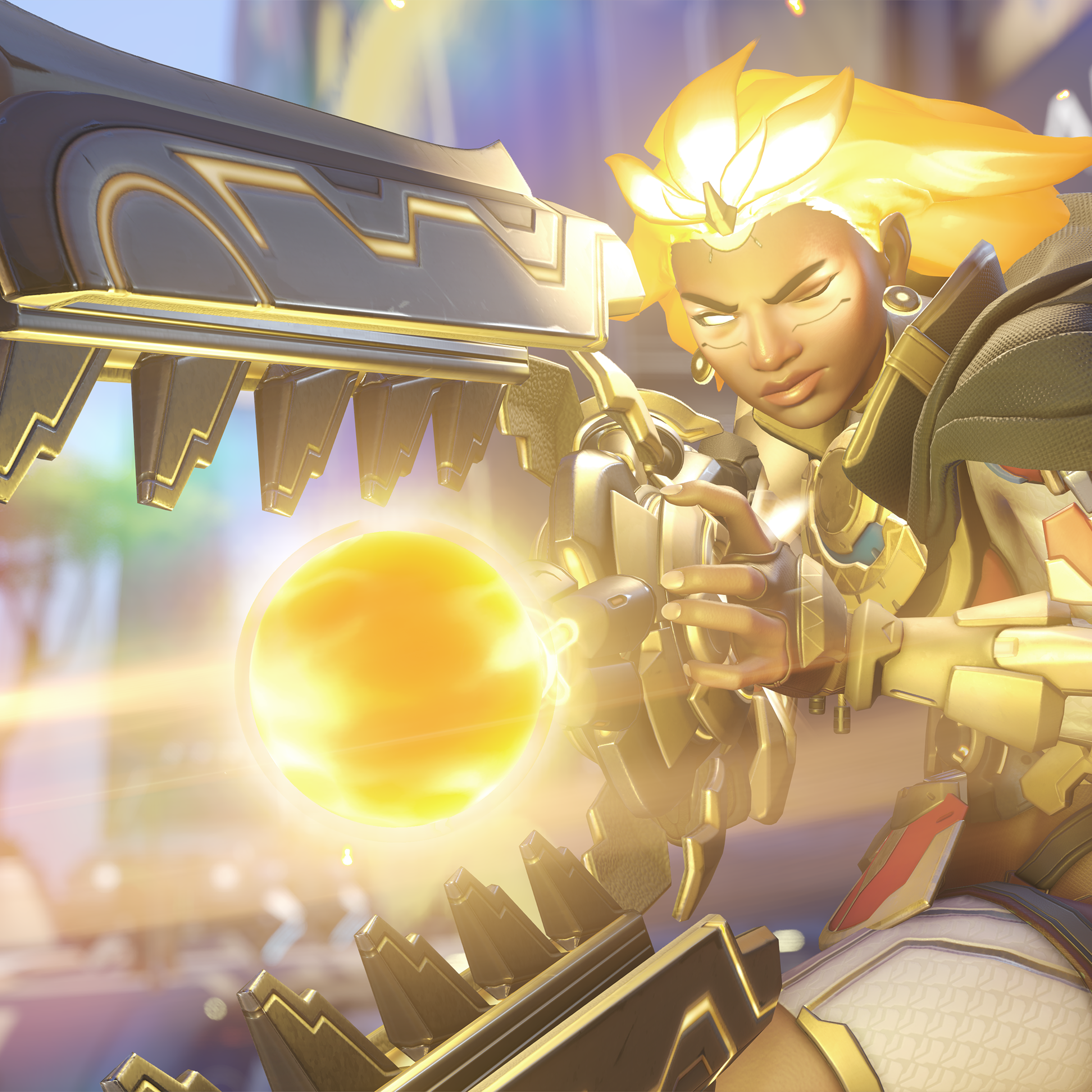 Screenshot from Overwatch 2 featuring the new support hero Illari, her hair glowing gold as she unleashes  her ultimate Captive Sun