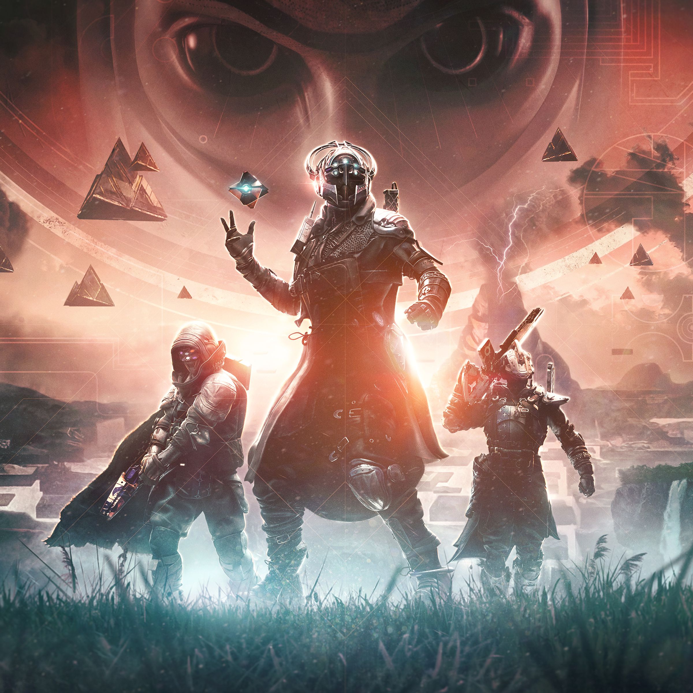 Illustration of Destiny 2 characters looking into the distance in a cool pose as a figure overhead glares ominously with beady eyes