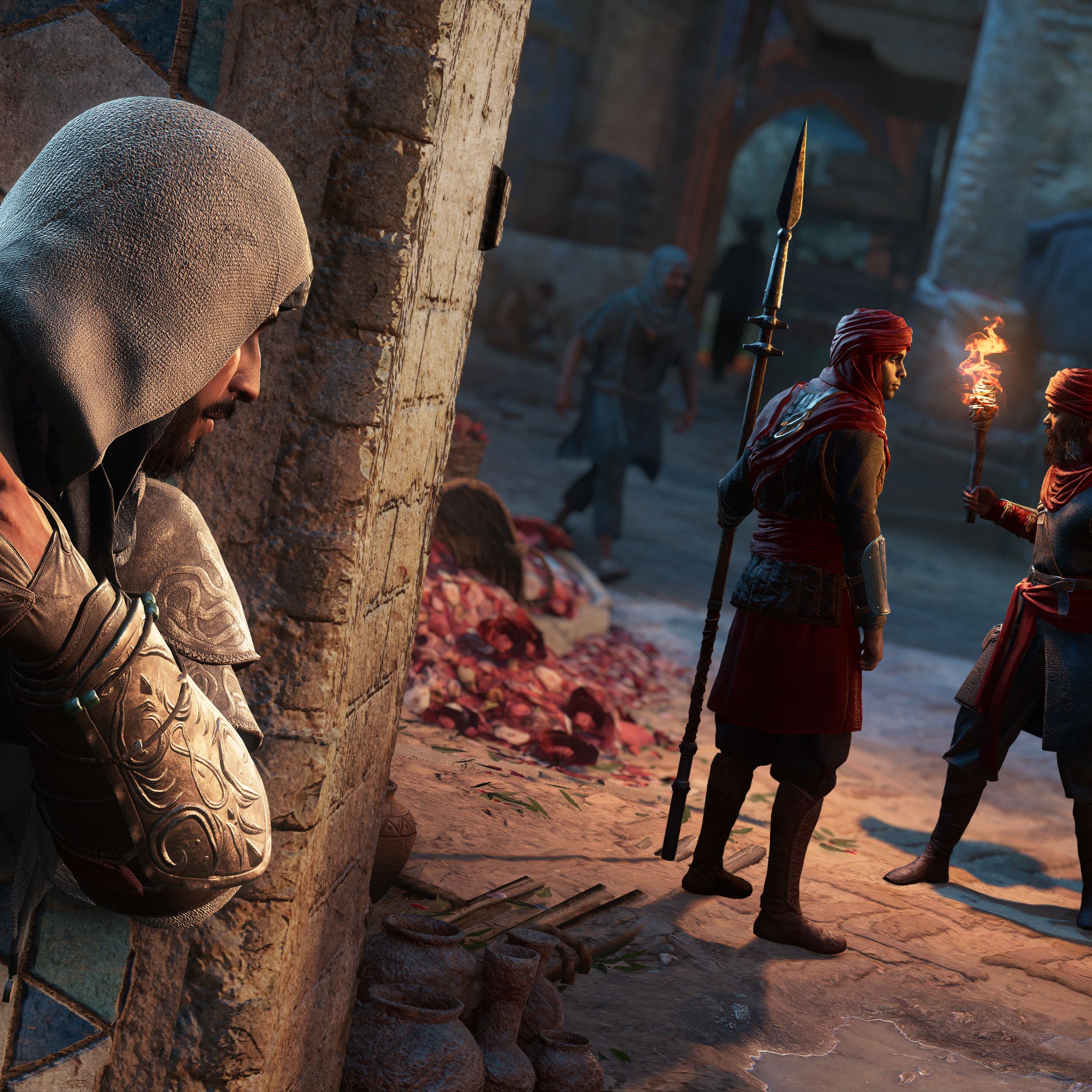 Screenshot from Assassin’s Creed Mirage featuring Basim Ibn Ishaq brandishing a throwing knife as he peeks around a building assessing assassination targets.
