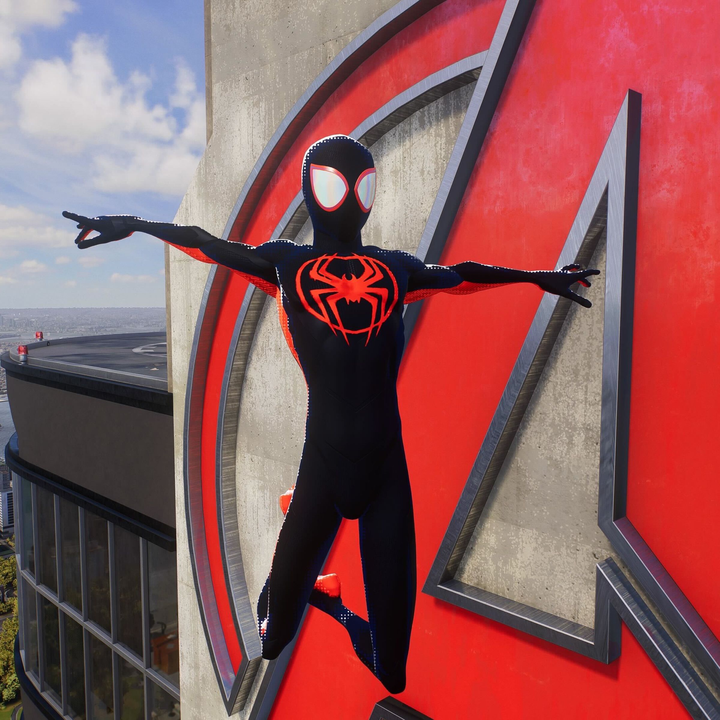 A still photo of Miles Morales in the Across the Spider-Verse suit in the video game Spider-Man 2.