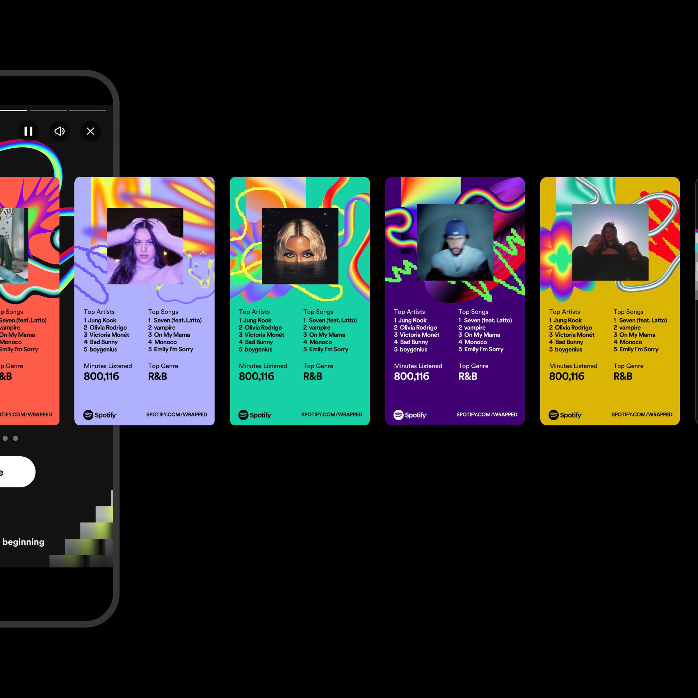 Simulated iPhone with exploded list of Spotify’s social media-ready tiles showing different arrangements of Top Artists and Songs