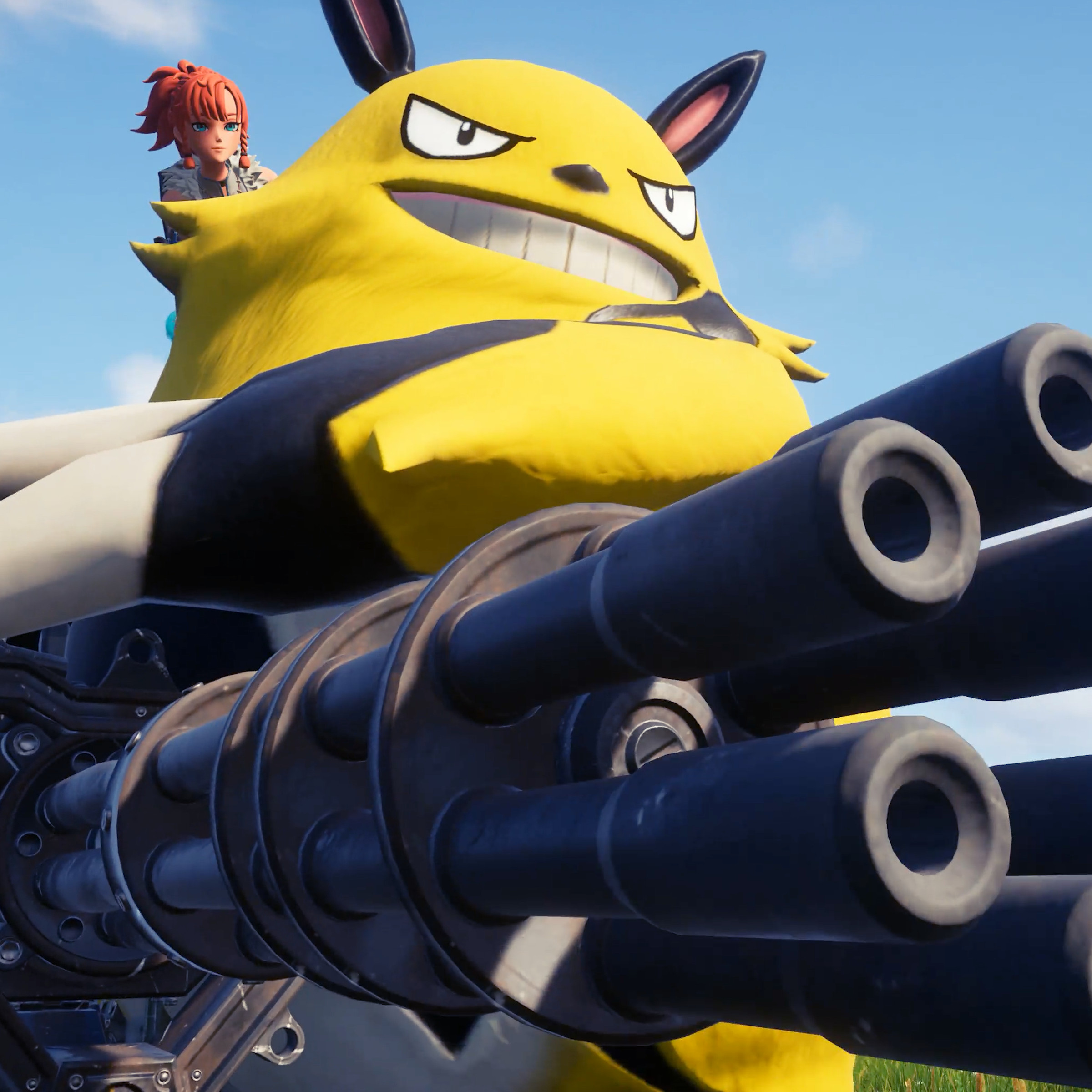 Screenshot from Palworld featuring a large bright yellow pal with a menacing smile sitting in a tank with its human owner.