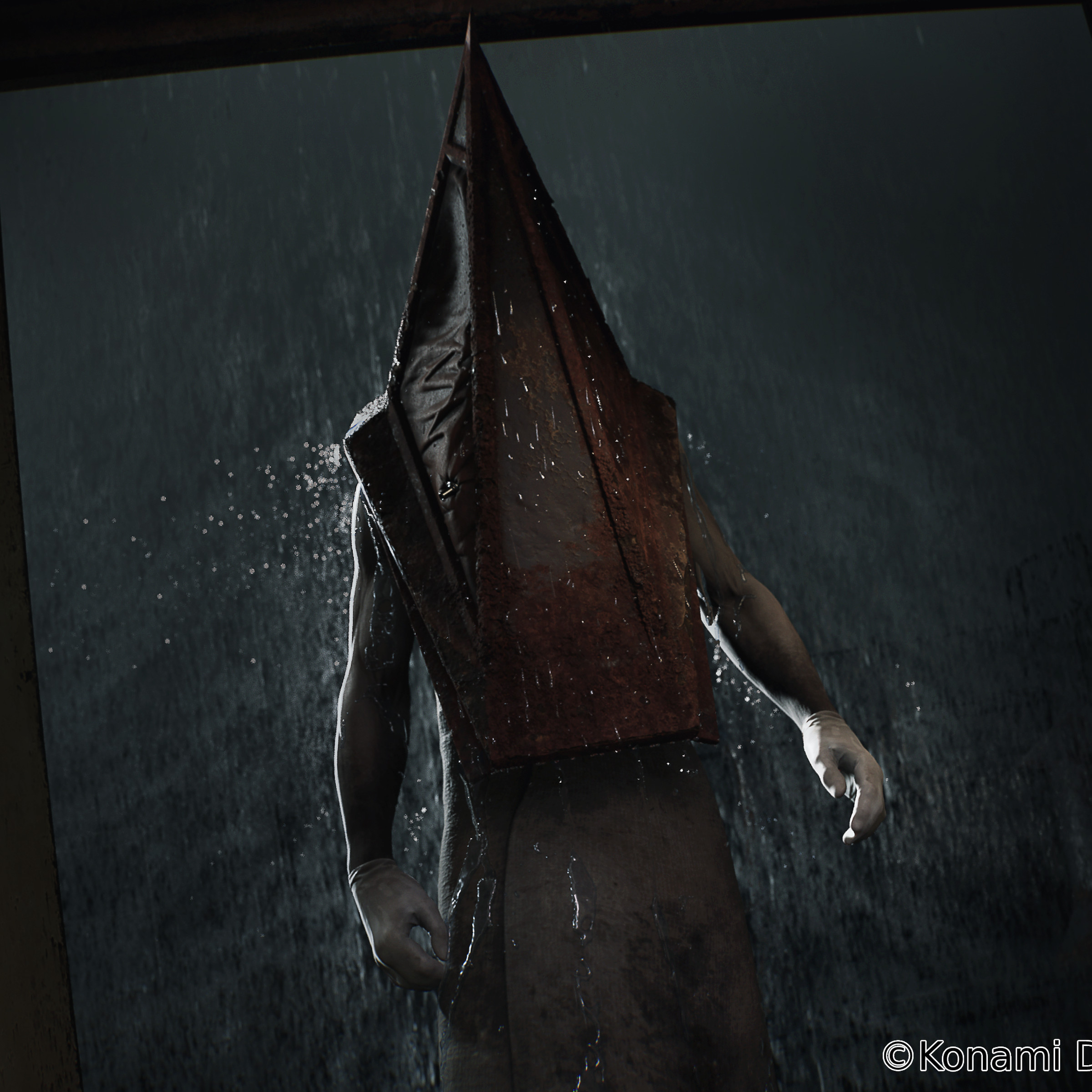 Screenshot from Silent Hill 2 featuring Pyramid Head standing in a door frame.