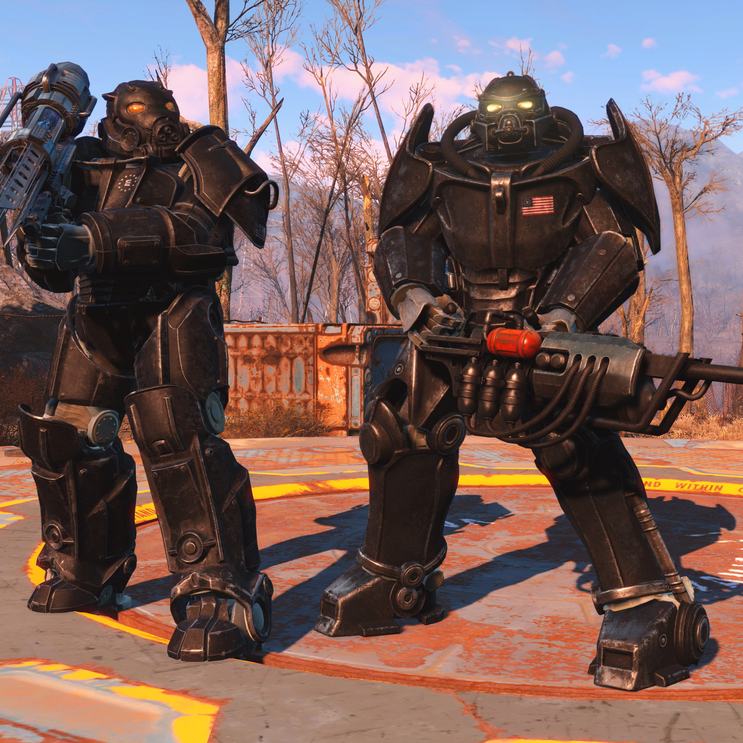 Screenshot from Fallout 4 featuring two characters in power armor.
