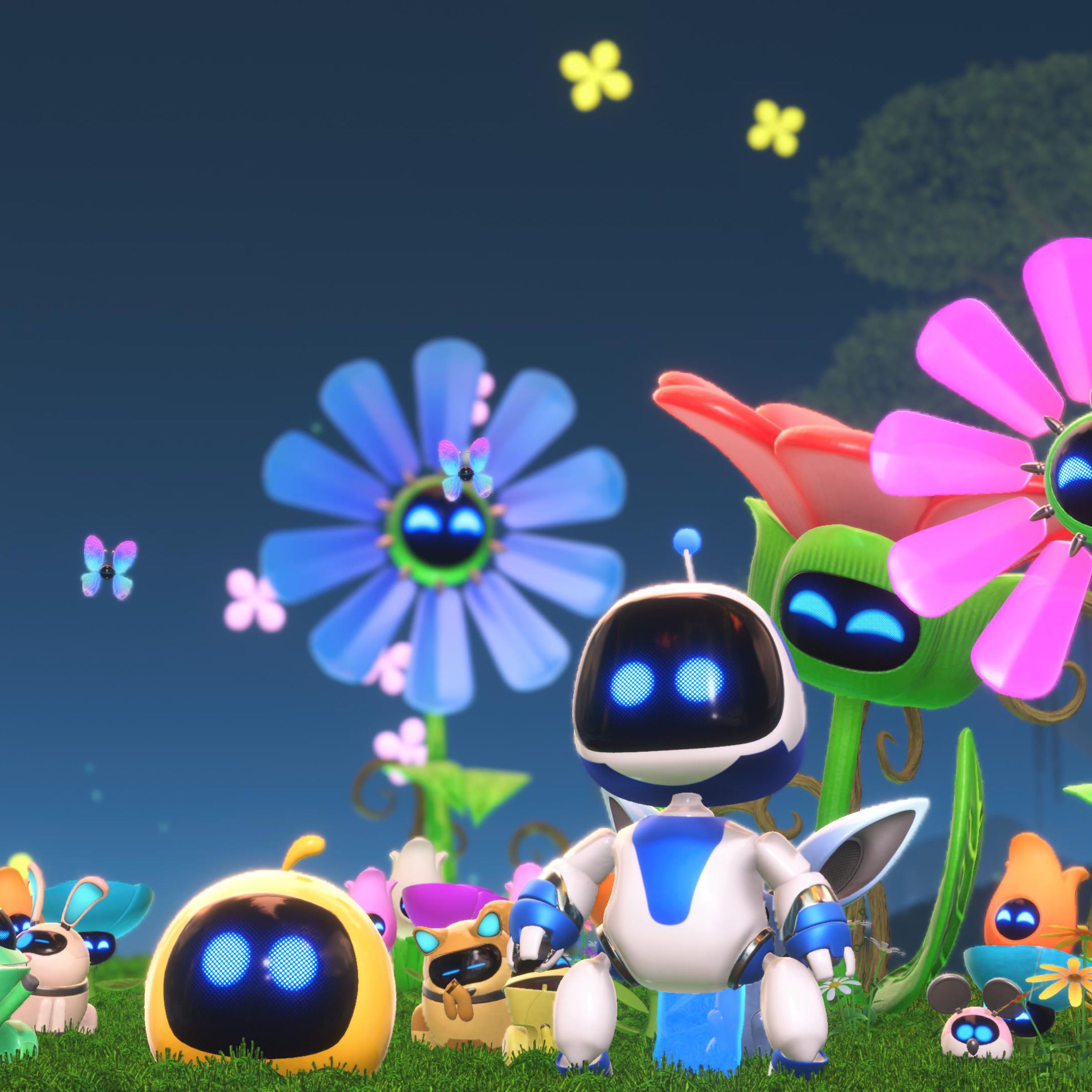 Screenshot from Astro Bot featuring a small white robot with a black screen face and bright blue eyes standing in front of a field of robot flowers