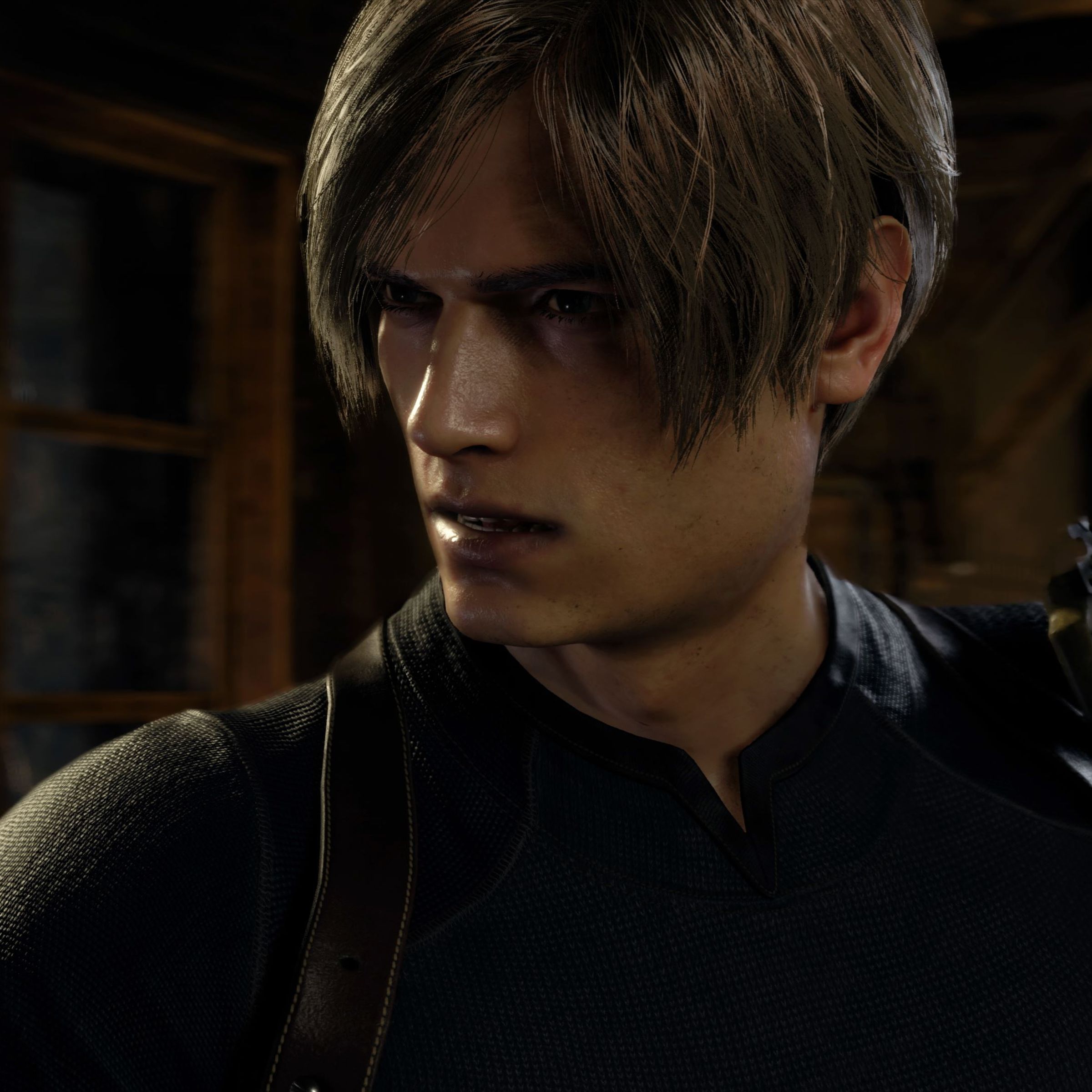 A screenshot of Leon in the remake of Resident Evil 4.