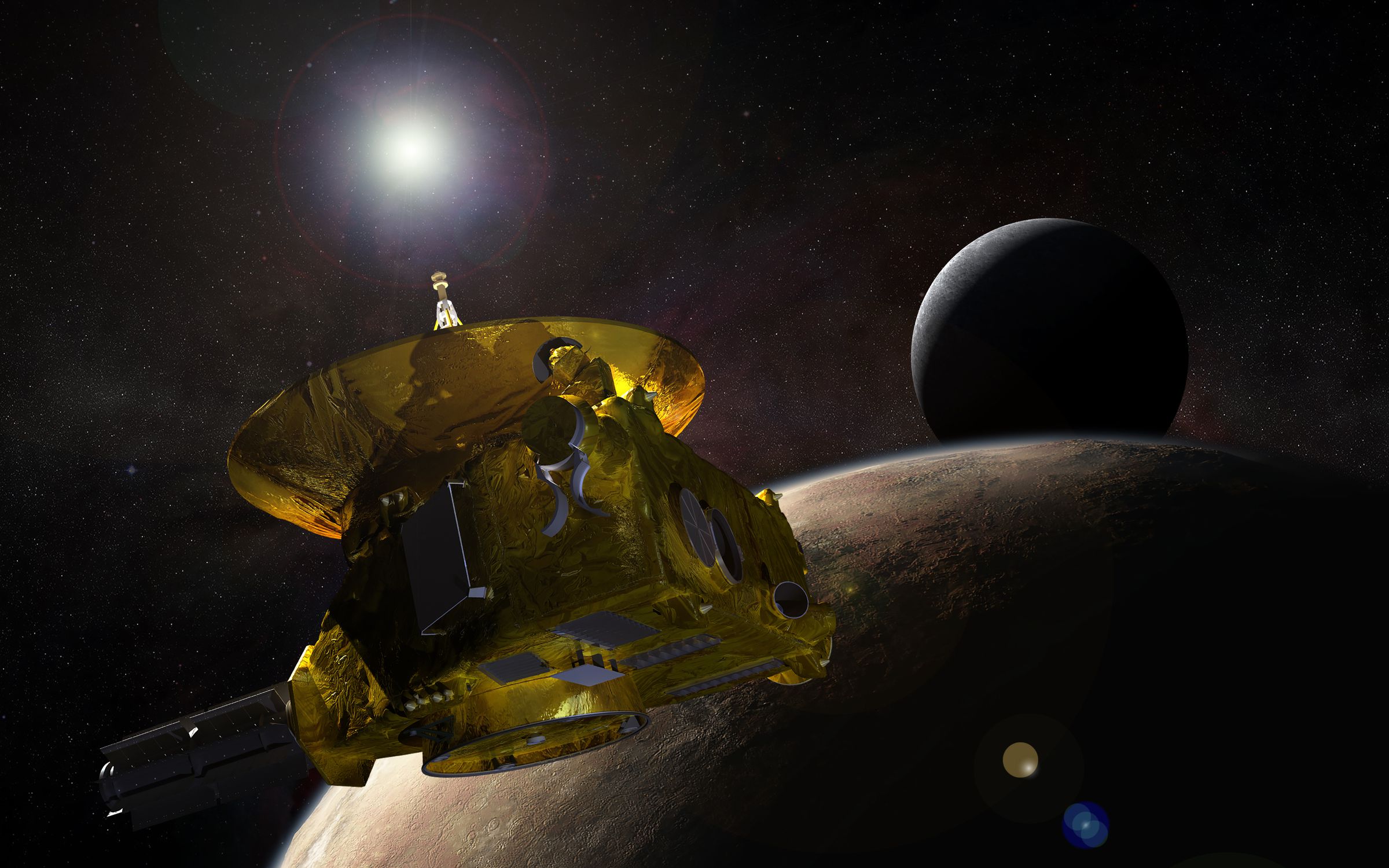 An artistic rendering of NASA’s New Horizons spacecraft at Pluto. The vehicle relies on an RTG for power.