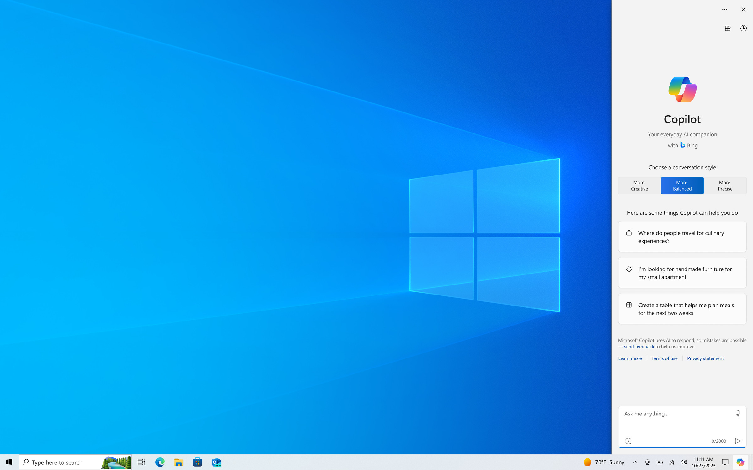 Screenshot of Copilot at the side of the Windows 10 desktop