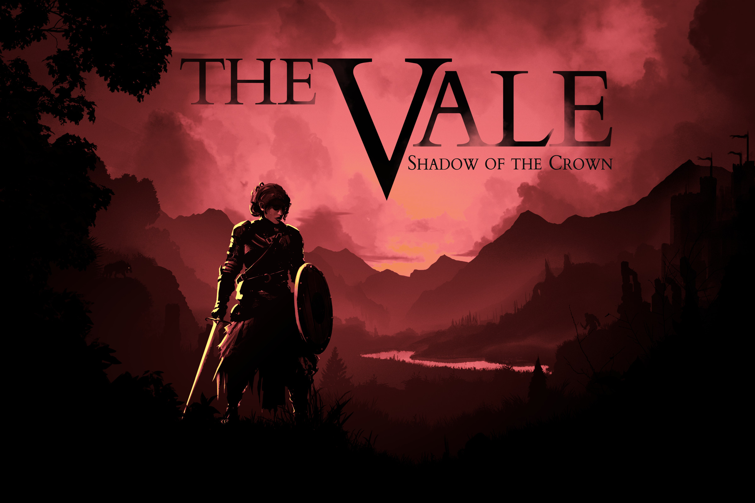 Title screen of The Vale, showing Alex, the player character, holding a sword and shield as she stands in shadow in front of a dark, red-tinted landscape.
