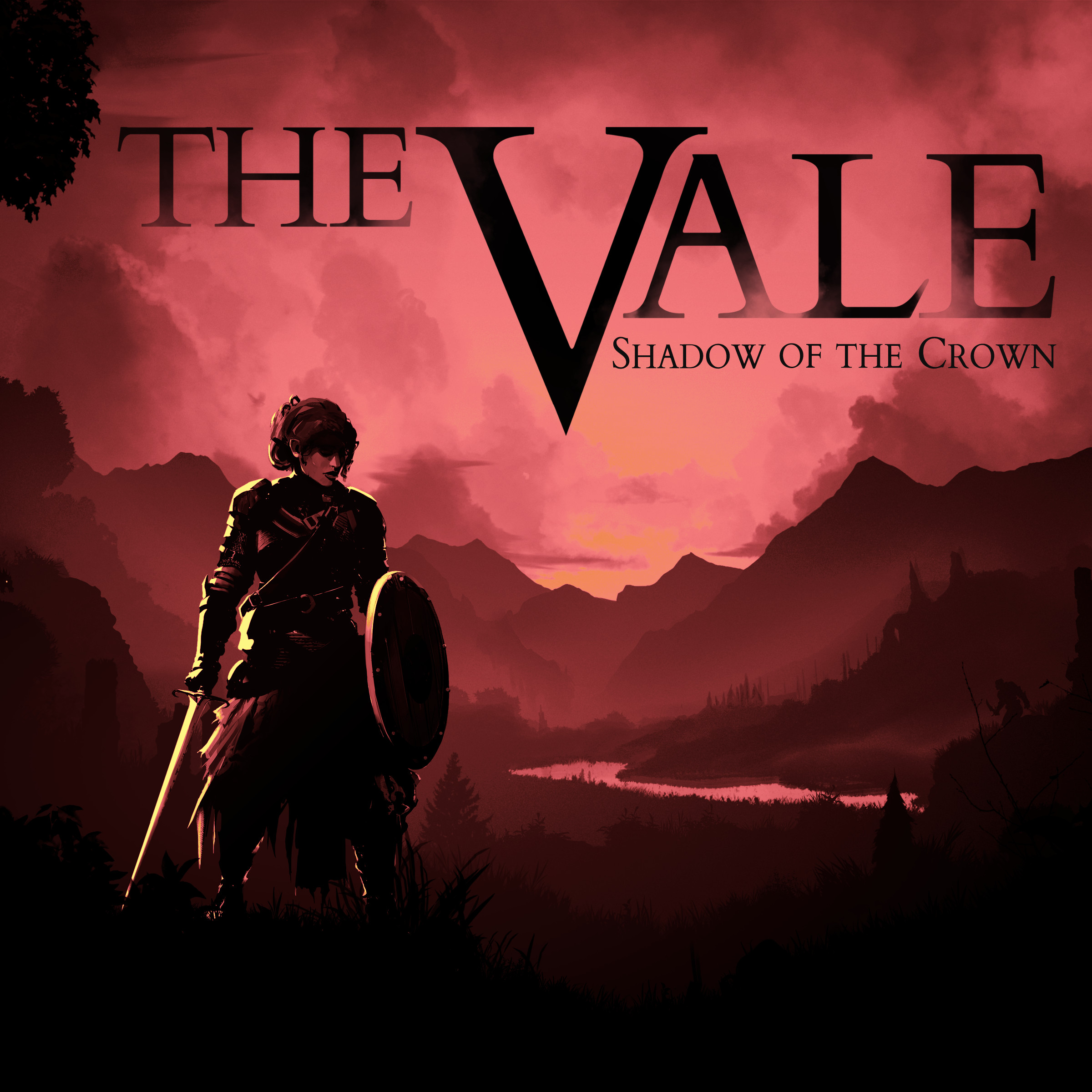 Title screen of The Vale, showing Alex, the player character, holding a sword and shield as she stands in shadow in front of a dark, red-tinted landscape.