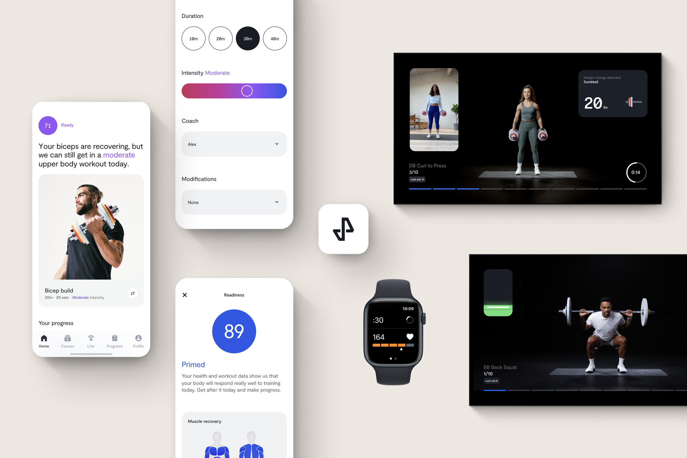 Render of Tempo App, Apple Watch app, and workout classes.