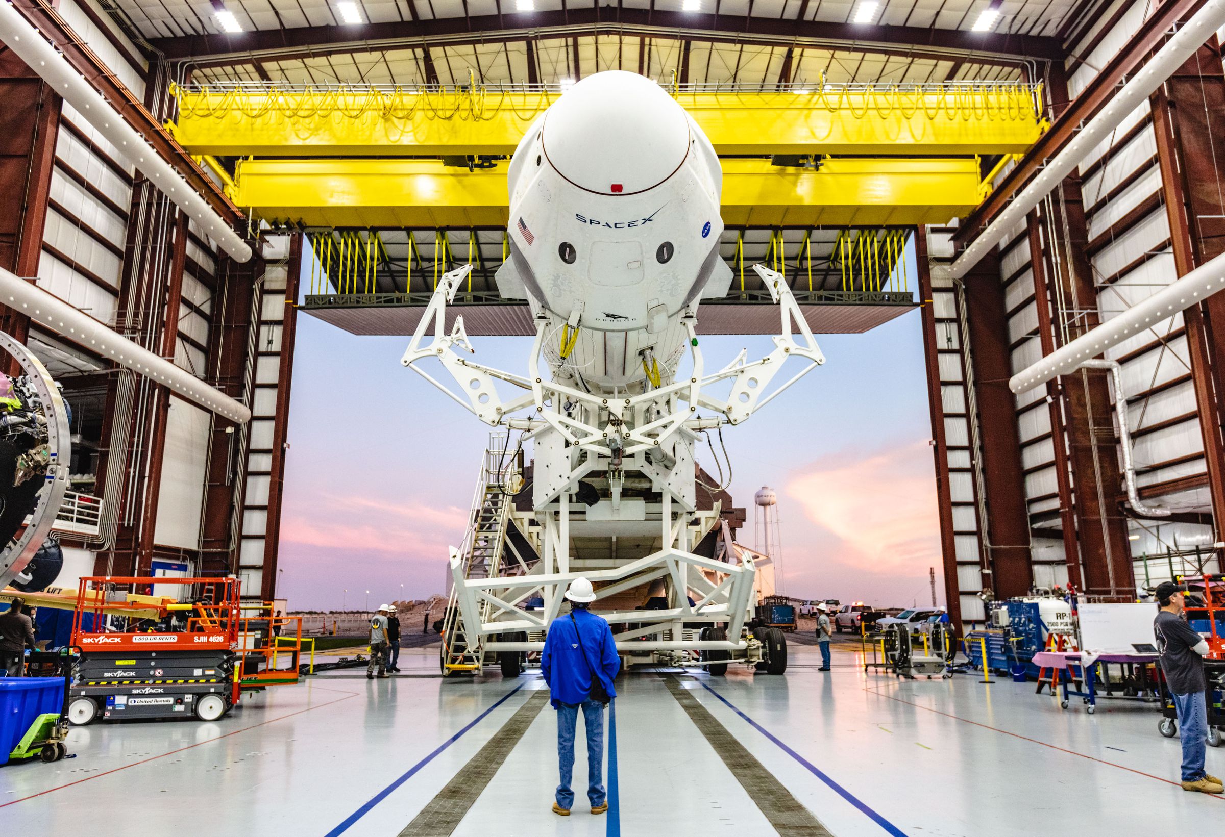 The Crew Dragon in SpaceX’s hangar at Cape Canaveral, Florida.