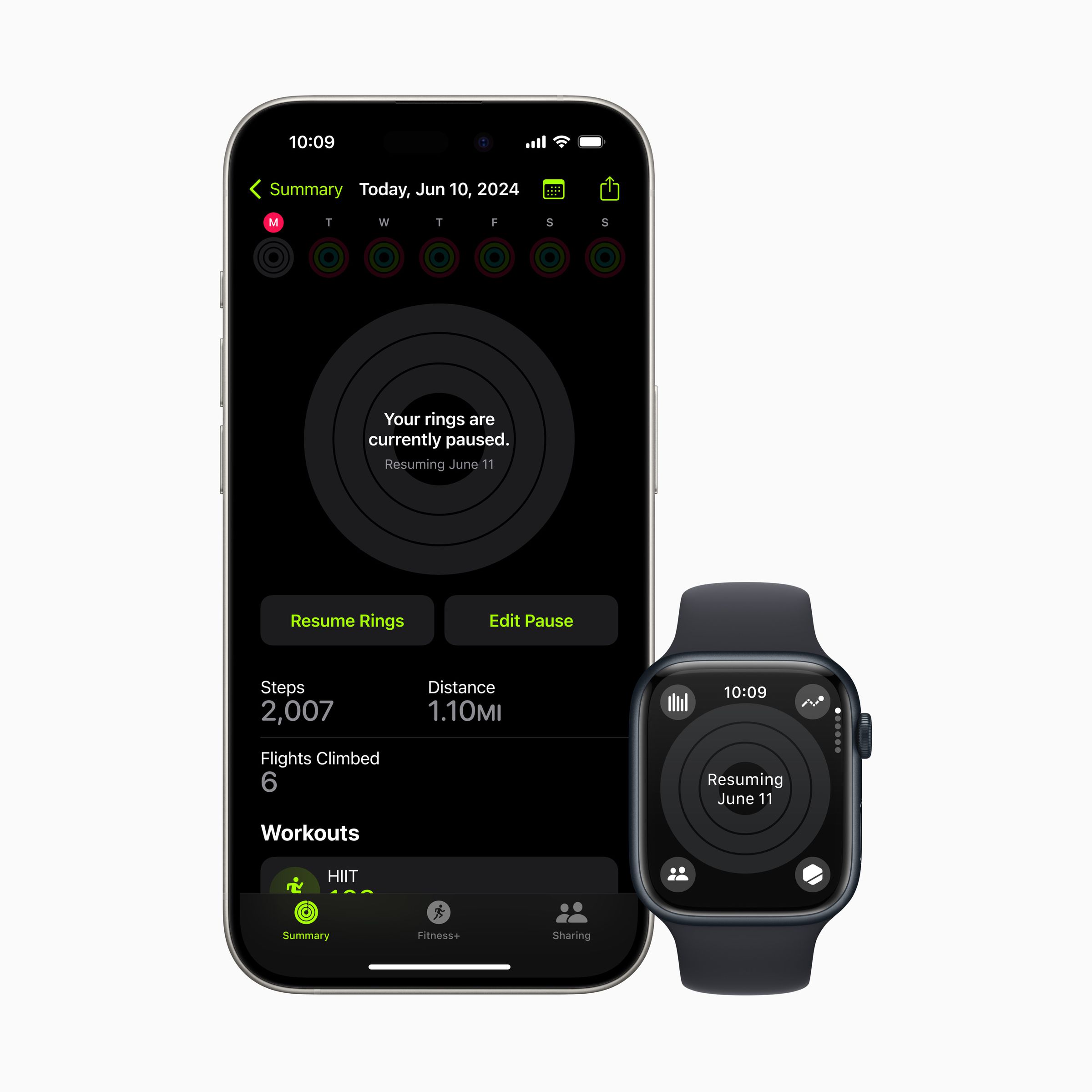 Render of the Pause Activity Rings feature in watchOS 11